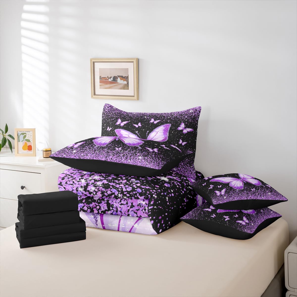 Feelyou Purple Butterfly 7 Piece Bedding Set Glitter Print Comforter Set with Sheets for Kids Boys Girls Pretty Animal Bed in a Bag Beautiful Butterfly Bed Set Soft Lightweight