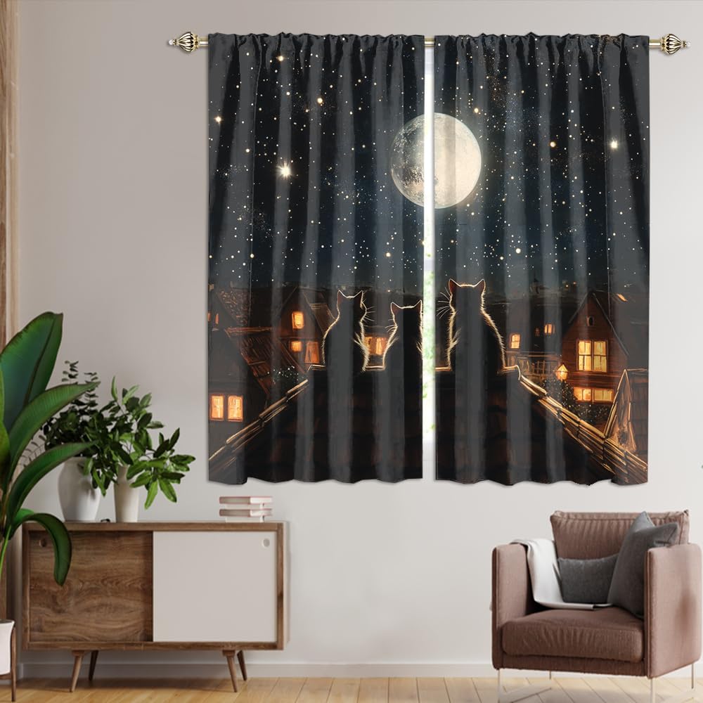 FBMLBRB Cute Cartoon Animals Cat Curtains,Modern Farm Animal Black Cats Full Moon Window Treatment Blackout Curtains Rods Pocket Curtains-45 L x 21" W x 2 Panels (Blackout)