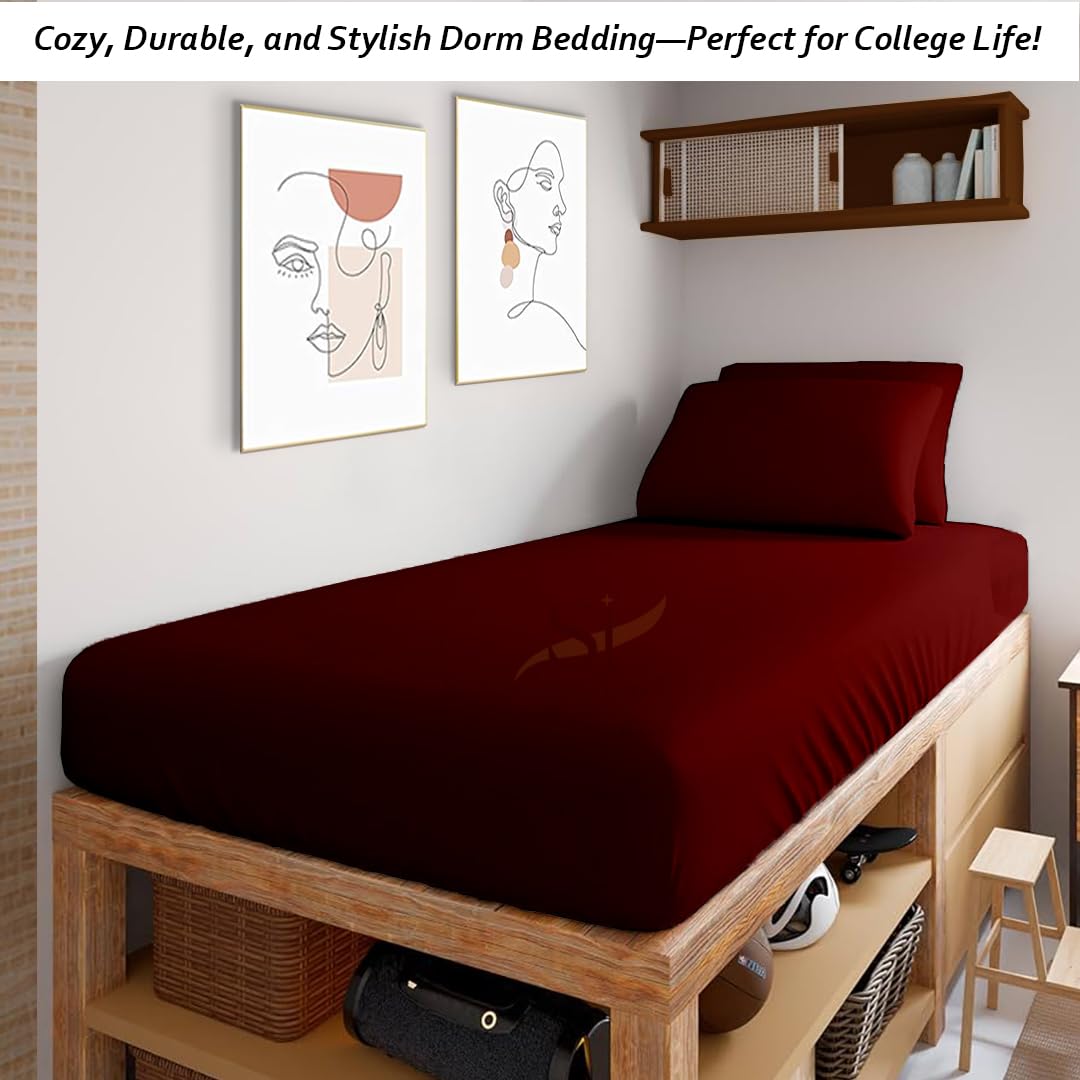 Full XL Sheet Set for Dorm, Soft Microfiber Bed Sheets with Pillowcase, Wrinkle Resistant & Lightweight, Ideal for College Dorm Room Bed, Burgundy