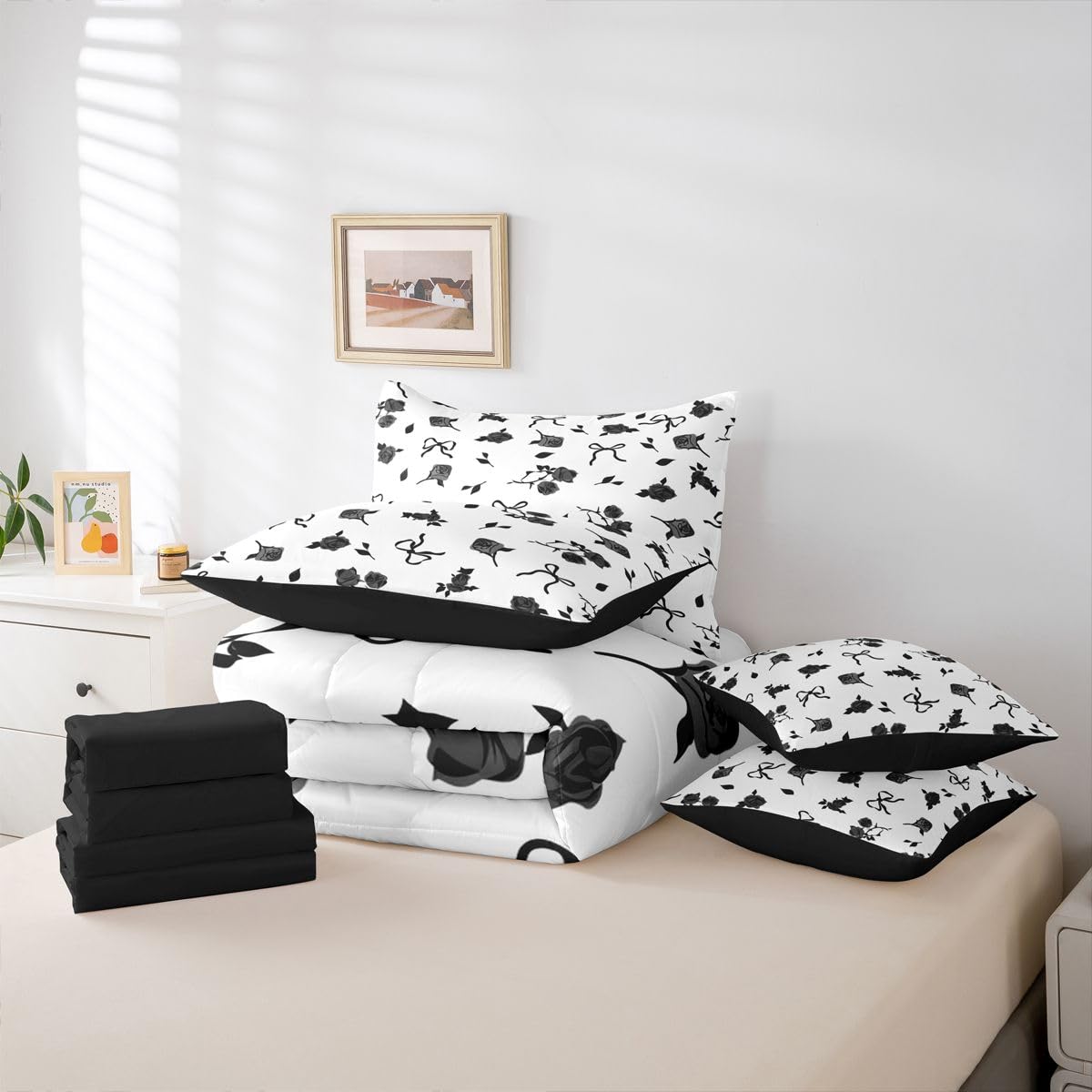 Erosebridal Princess Bowknot Full Size Comforter Set,Black Bow Rose Floral 7-Piece Bed in A Bag,Fantasy Sheets and Pillowcases,Ribbon Bow Knot Bedding Set Room Decor