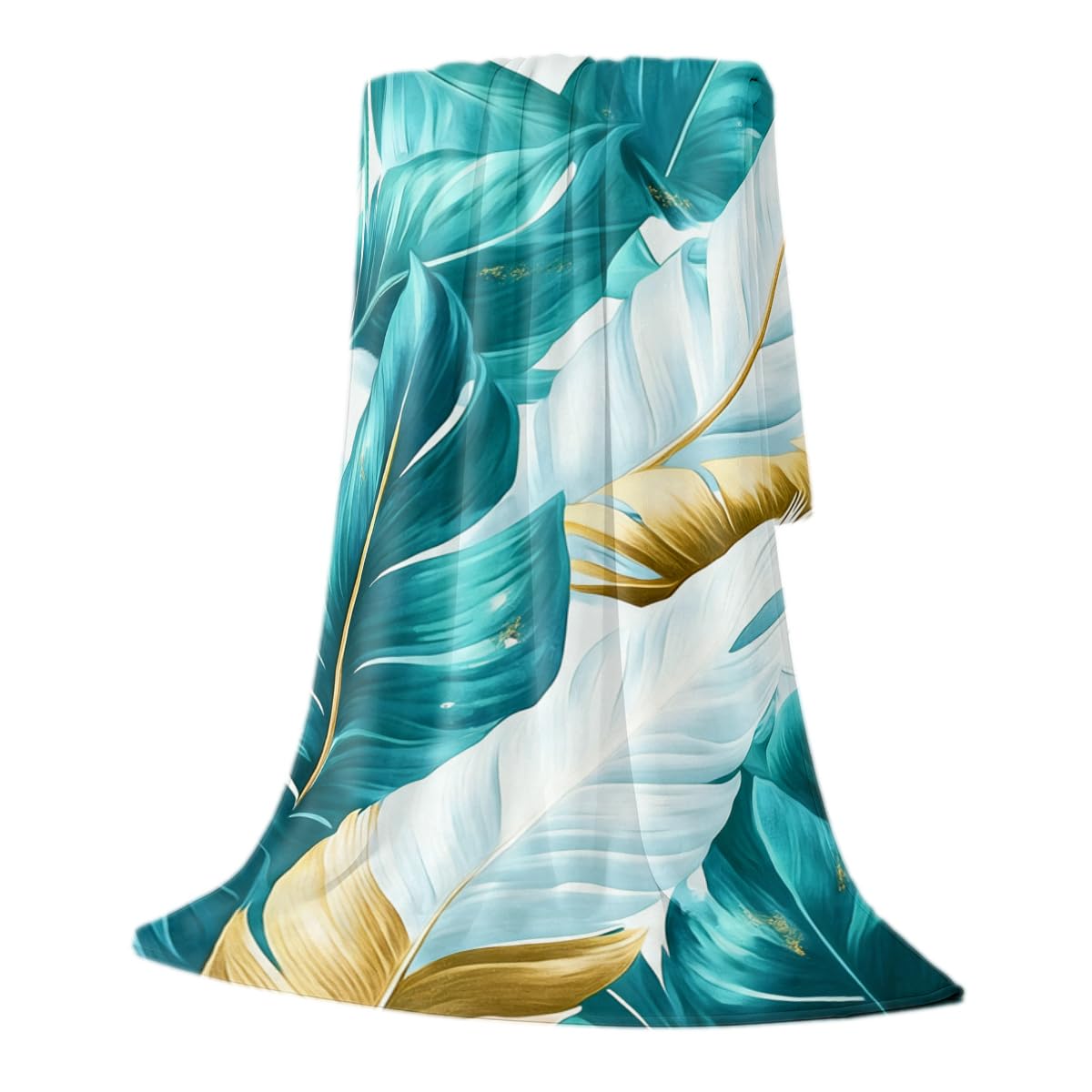 HUNXIAOJ Tropical Blankets and Throws Tropical Plant Blanket for Couch Bed Room Home Decor Tropic Leaf Throws Teal Gold Botanical Decor Flannel Gifts for Women Adults Kids 49"x59"