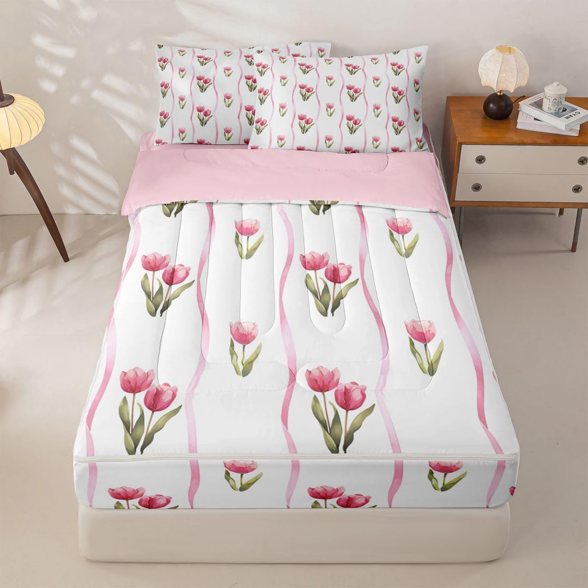 Feelyou Flroal Comforter Set Sizetulip Flowers Zipper Bedding Queen Spring Blossom Boys Girls Bed in A Bagbotanical Bed Sheet Sets with Fitted Sheet Pillowcases for Bedroom Decorpink White Green