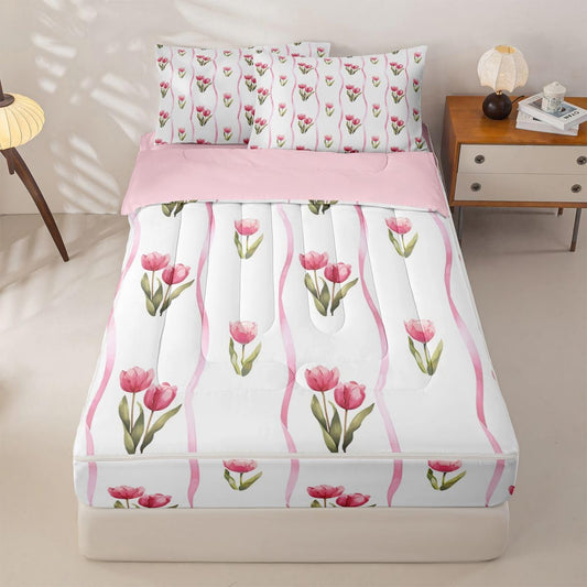 Feelyou Flroal Comforter Set Sizetulip Flowers Zipper Bedding Queen Spring Blossom Boys Girls Bed in A Bagbotanical Bed Sheet Sets with Fitted Sheet Pillowcases for Bedroom Decorpink White Green