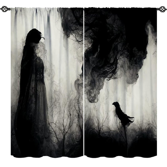 Halloween Misty Forest Curtains, Gothic Foggy Night Silhouette Birds Black Raven Crow Room Darkening Door Window Rod Pocket Curtain for Living Room Bedroom W42xL45in