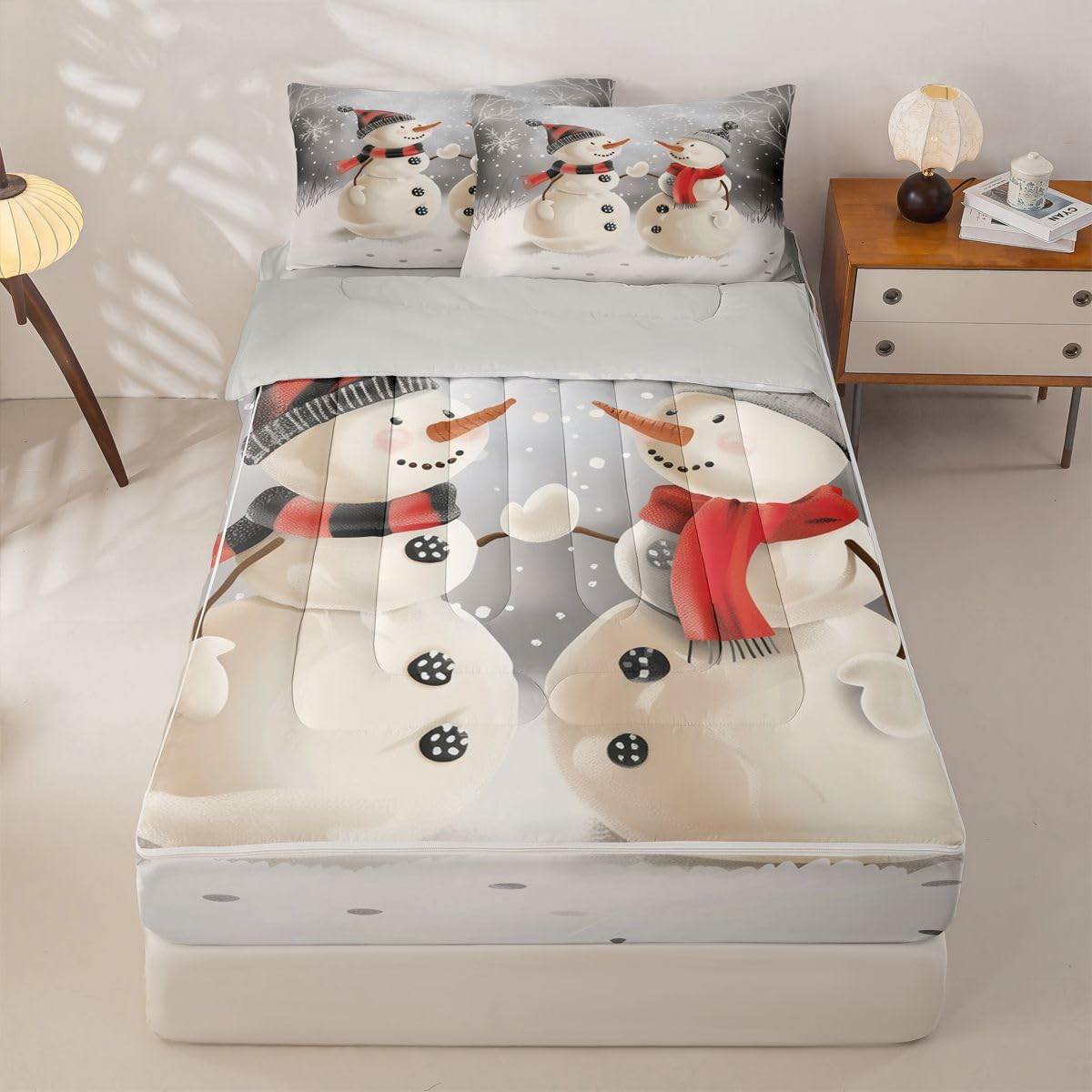 Erosebridal Cartoon Snowman Zippable Bedding, Xmas Twin Size Comforter Set, Cute Print Sheets and Pillowcases, New Year Zipper Bedding Set Room Decor