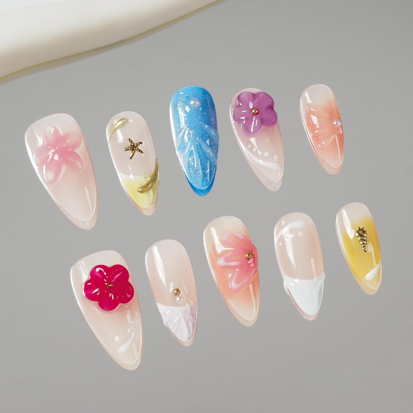 Tesytto Handmade Press on Nails 3D Floral Carved Medium Almond Fake Nails French Tips, Multi-Layer Gel Acrylic Nails for Women Nail Art (Sheer Floral Glow,M)