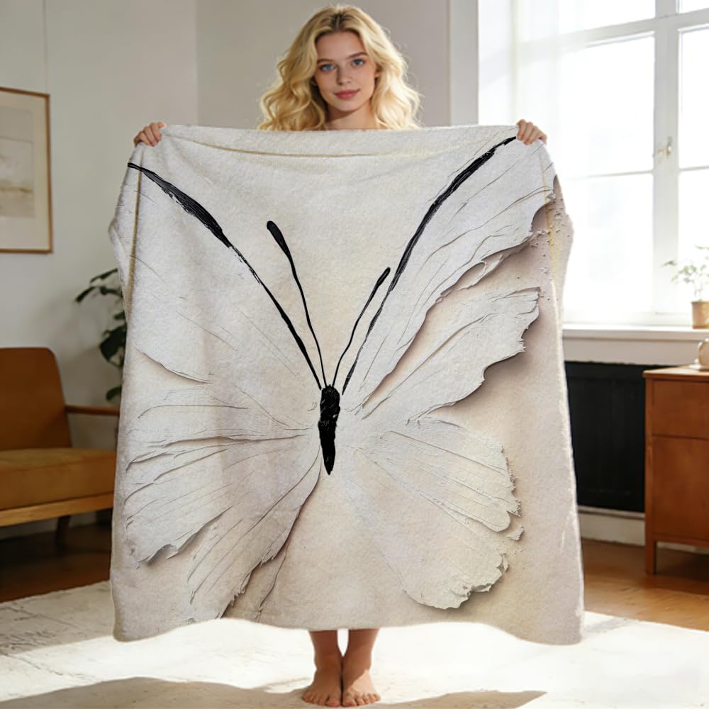 ZHOUSHUTONG Butterfly Throw Blanket Elegant White Butterflies Floral Print Gifts for Women Girls Super Soft Warm Cozy Flannel Blanket for Couch Sofa Bedroom Office Home Decor 49"x59"
