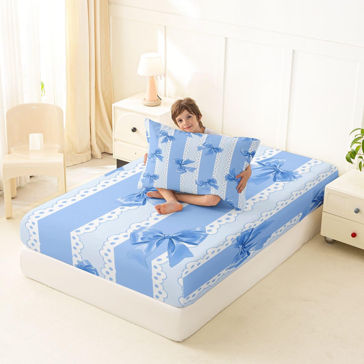 jejeloiu Blue Bow Stripe Bowknot Fitted Sheet Twin Size for Kids Boys Girls Ribbon Cute Kawaii Bed Sheets Set 16" Deep Pocket Dreamy Princess Bowknot Bedding with 1 Pillowcase Room Decor