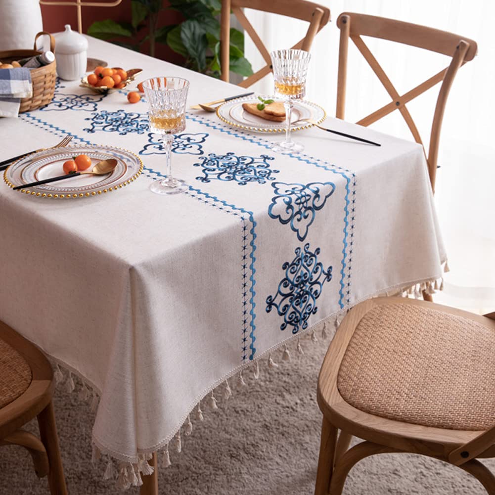 AMZALI Table Cloth Embroidery Damask Pattern Wrinkle Free Heavy Weight Cotton Linen Farmhouse Tablecloth Decorative Fabric Tassel Table Cover for Outdoor and Indoor Use (Rectangle,55 x 102 Inch)