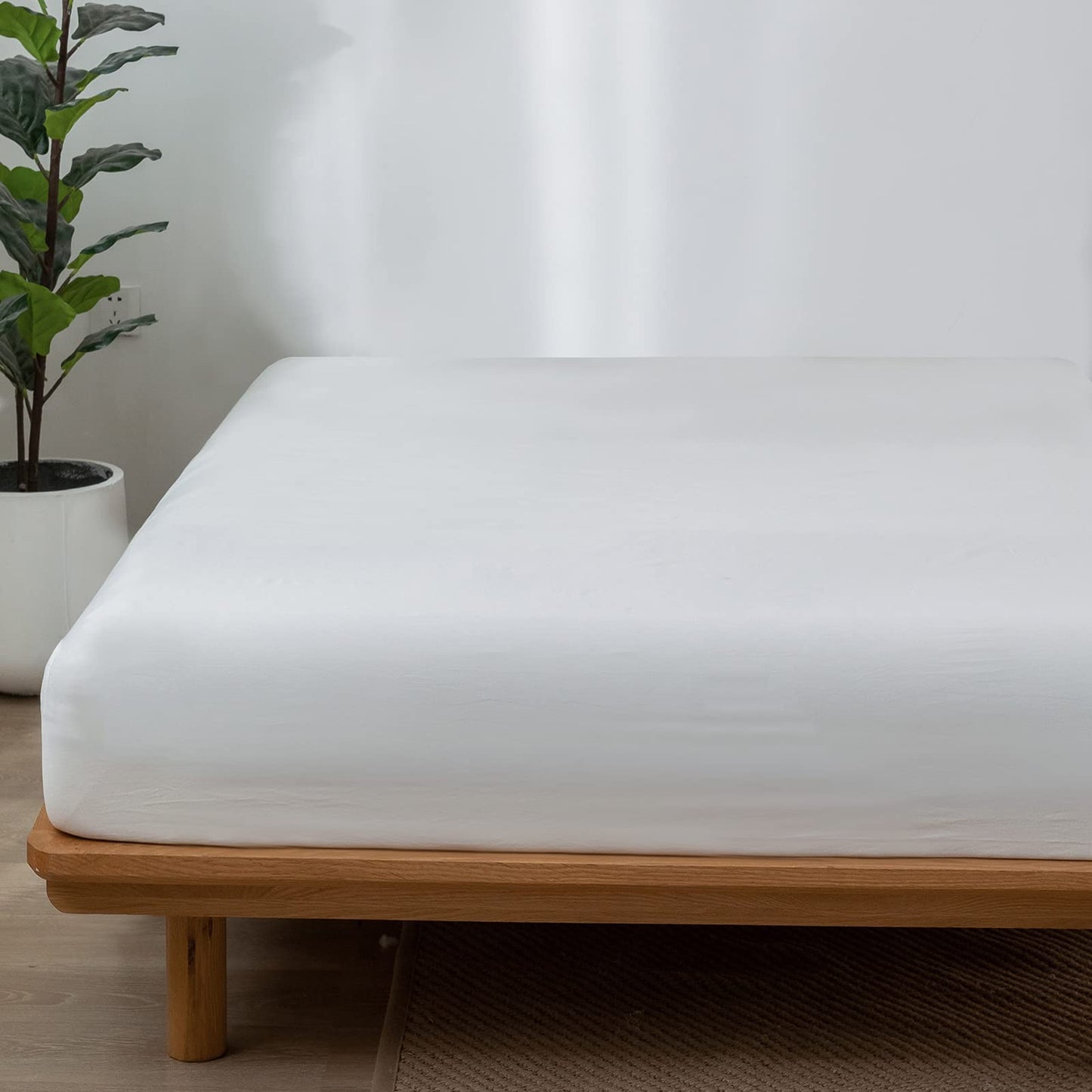 MooMee Fitted Bottom Sheet Only 100% Washed Cotton Linen Like Textured Breathable Durable Soft Comfy Deep Pocket Fits Mattress up to 17" (Off White, Queen)
