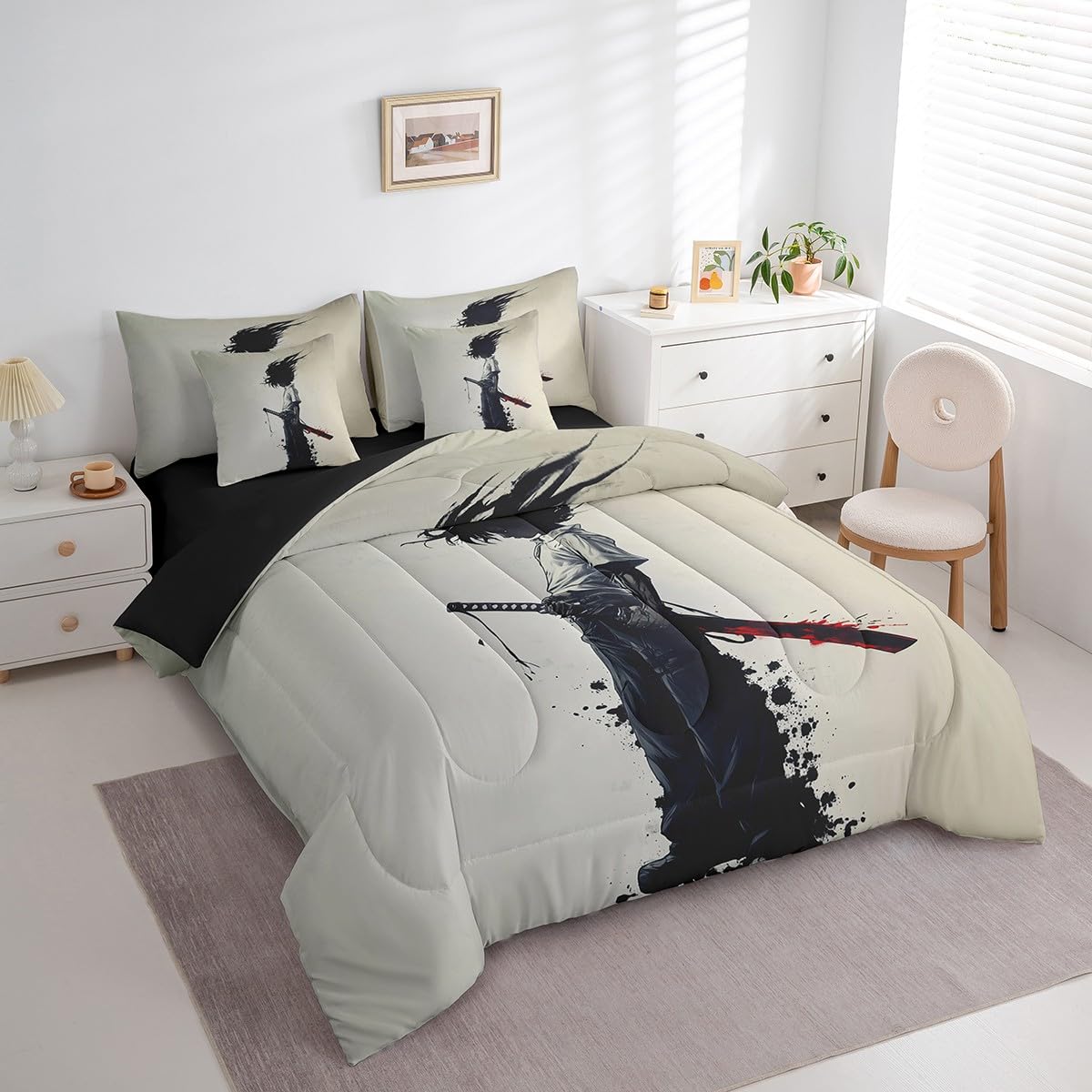 jejeloiu Kids Afro Samurai Comforter Set 7 Pieces Full Size Anime Bedding Set for Boys Girls Japanese Style Bed in a Bag with Comforter, Sheets, Pillowcases & Cushion Covers