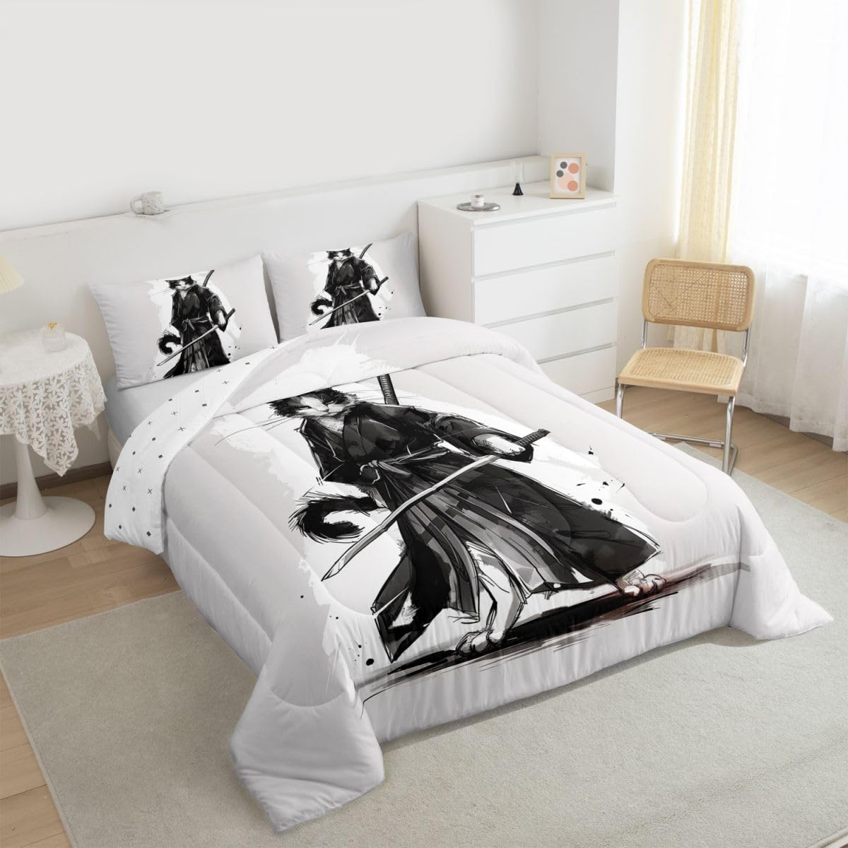 jejeloiu Samurai Comforter Set All Season Japanese Ukiyoe Bedding Set with 2 Pillow Cases Cat Microfiber Kids Queen Bedclothes Animal Bedroom Decor Duvet Quilt Breathable Soft Lightweight