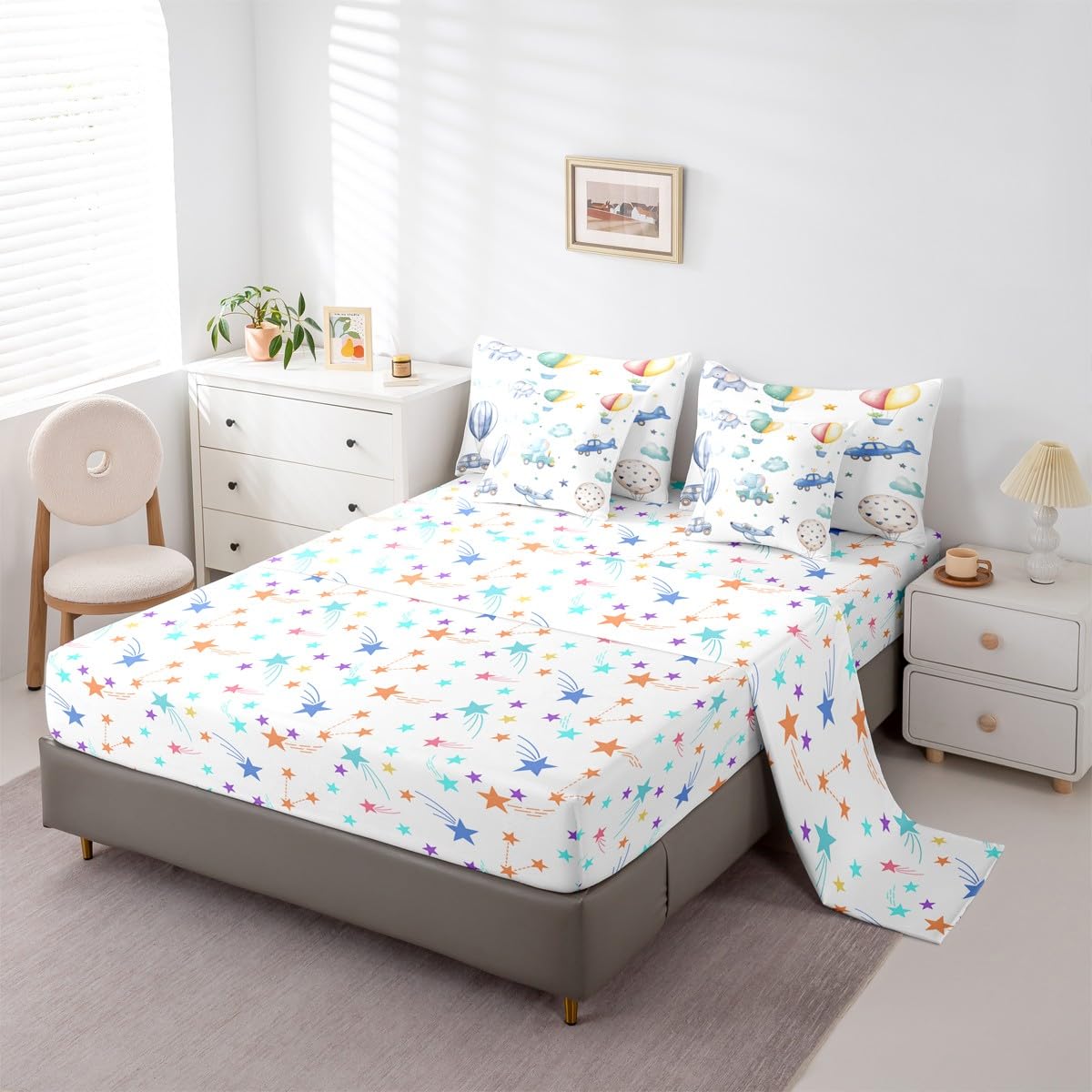 Erosebridal Colorful Hot Air Balloon Twin 7 Pcs Bedding Set, Cute Airplane Aircraft Comforter Set with Sheets for Boys Kids Adults Girls, Cartoon Car Lovely Heart Bed in A Bag, Star Print Bed Sets