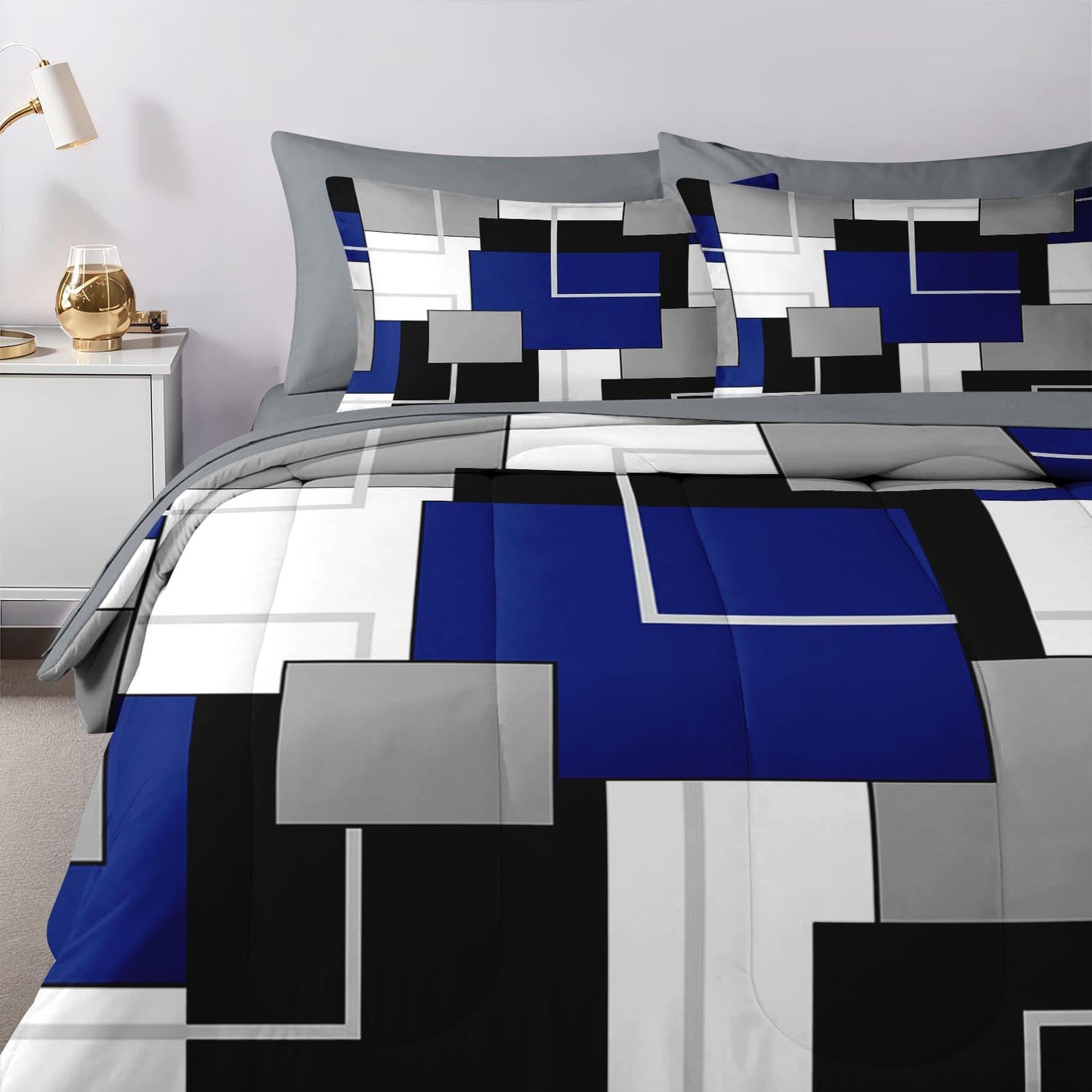 Nesker Comforter Set Queen Size, Blue Black Geometric 7 Pcs Bedding for Kids and Adults, Abstract Modern Grey Bed Sheet Sets with Fitted Sheet 2 Pillowcases & 2 Shams