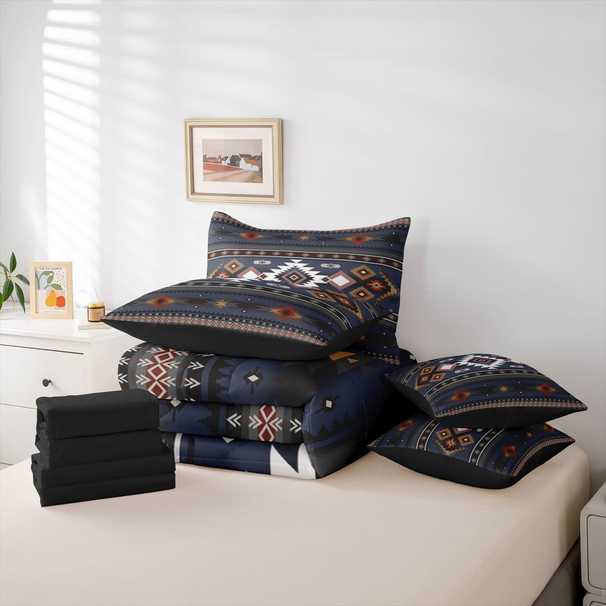 Erosebridal Black Red Grey Aztec Farmhouse Full Comforter Set 7 Pieces | Southwestern Bohemian Bed in A Bag for Bedroom Cowboy Tribal Bedding Set with Comforters Cowgirl Adults Room Decor