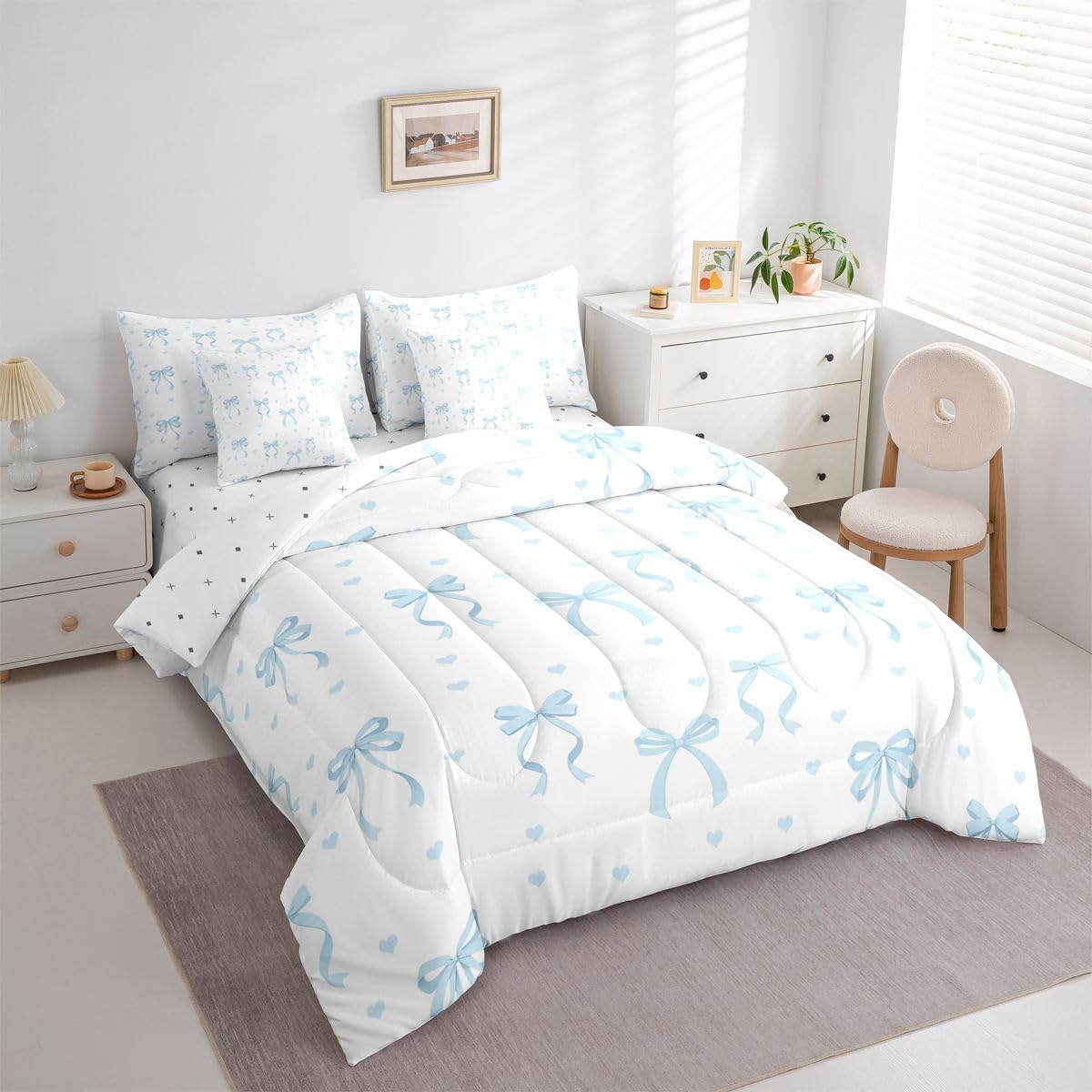 Erosebridal Princess Bowknot 7 Piece Bedding Set Full Ribbon Bow Comforter Set with Sheets Bow Tie Bed in A Bag Princess Bed Sets with 2 Pillowcases, 2 Throw Pillow Covers