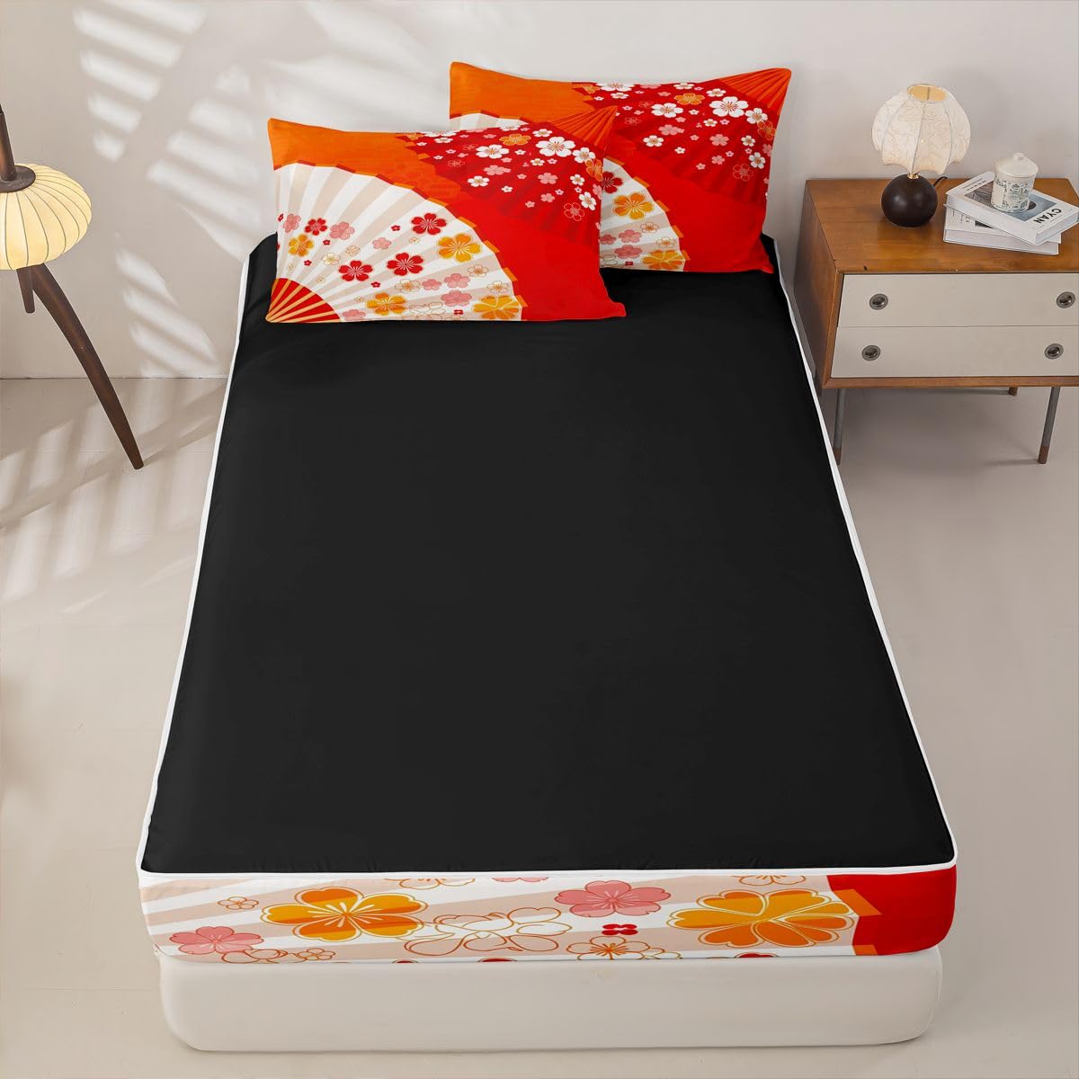 Erosebridal Japanese Style Fan Zipper Bedding Twin Size, Japan Fan Cherry Blossoms Kids Comforter Set - Asian Themed Zip Up Comforter Bed in A Bag