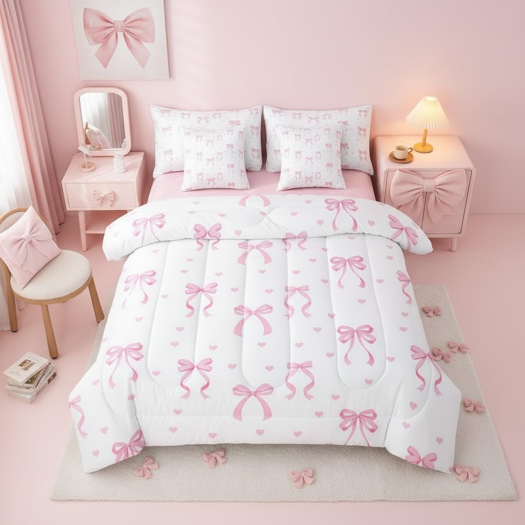 Erosebridal Cute Pink Bow Full Comforter Set 7 Pieces,Ribbon Bow Knot Bed in A Bag,Girly Pink Bows Bedding Set with Comforters, Sheets, Pillowcases Princess Bowknot Bedroom Decor