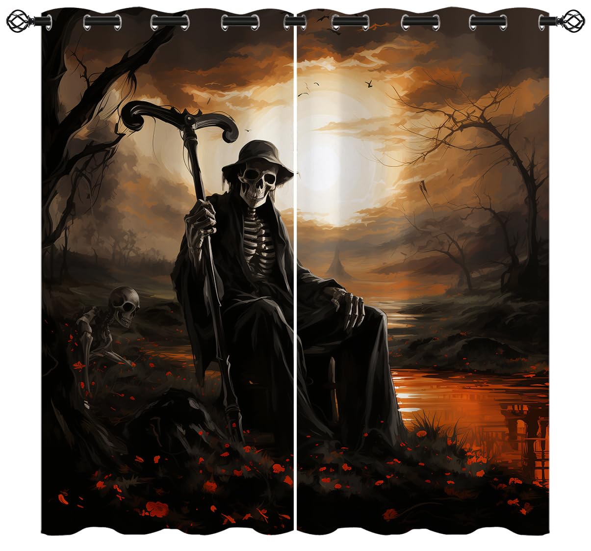 Spooky Dead Skull Blackout Curtains for Girls Boy Home Decor, Horror Skeleton Halloween Graveyard Grommet Thermal Insulated Drapes Darkening Window Curtain for Bedroom Living Room, 42 x 45 Inch