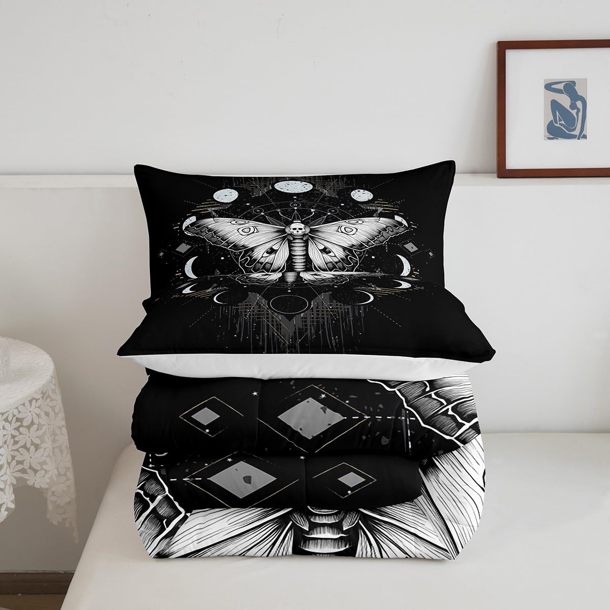 Manfei Death Moth Comforter Set Twin Size Galaxy Sun and Moon Duvet Insert Boho Gothic Skull Bedding Set 2pcs for Kids Boys Teens Room Decor Black and White Quilted Duvet with 1 Pillowcase