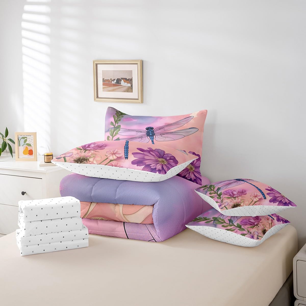 Erosebridal Dragonfly Full Size Bed Sheets and Comforter Set,Flowers 7 Piece Bedding Set Purple Tie Dye Dragonflies Bed in a Bag,Garden Rustic Aesthetic Animal Farmhouse Decor Bed Sets