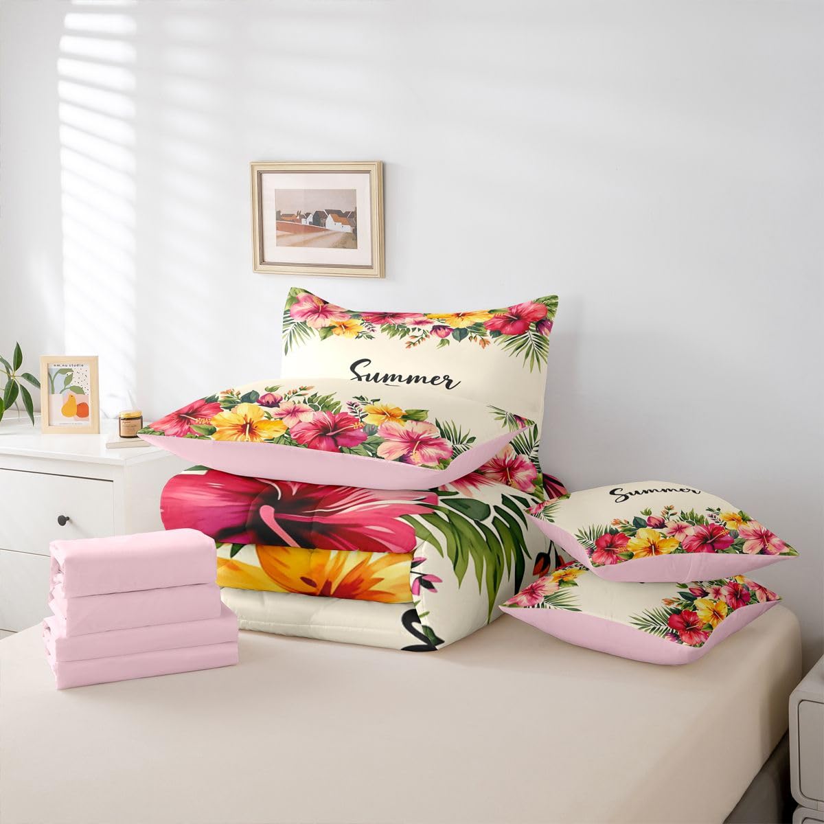 Erosebridal Tropical Hibiscus Queen Bedding Set Pink Yellow Watercolor Floral Comforter Set Girls Women Summer Hawaiian Flower 7-Piece Bed in a Bag Beach Vacation Art Quilt Sets