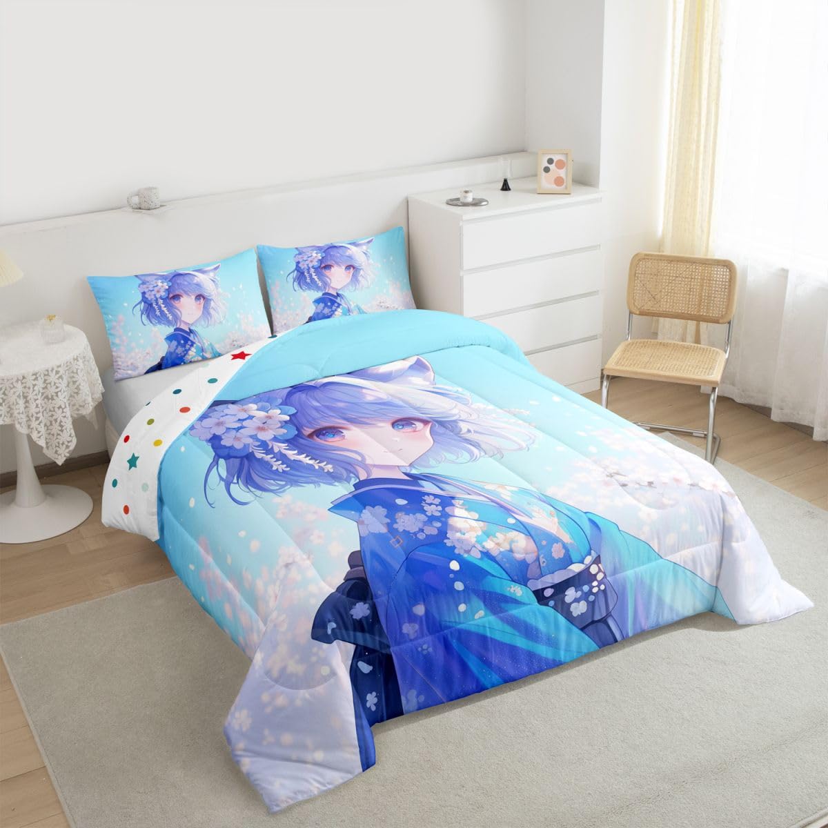 Erosebridal Kawaii Japanese Girl Comforter Set Twin, Anime Gifts Bedding in Kimono Japanese Style Bedding Sets for Room Aesthetic Cool Anime Modern Art Duvet Set for Guys Bedroom Kawaii Room Decor