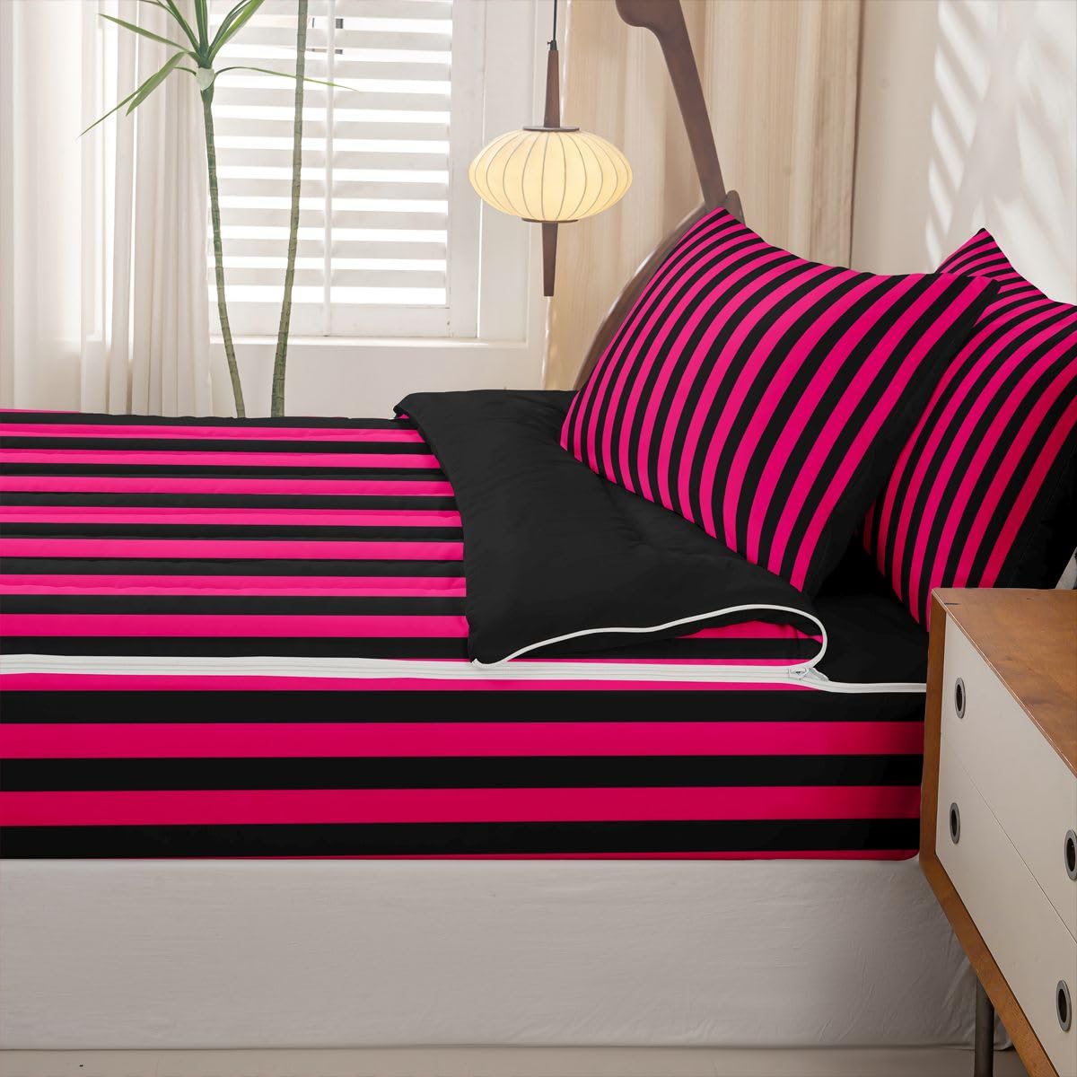 Feelyou Stripes Zipper Bedding Full Geometric Zipper Bedding Sets for Kids Boys Girls Modern Striped Art Comforter Set with Fitted Sheet and Pillowcases Luxury Bedroom Decor Red Black