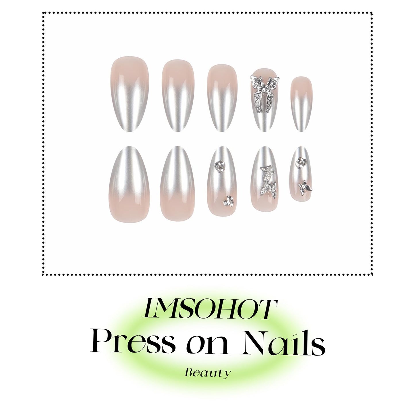 IMSOHOT Medium Almond Press on Nails Silver Chrome Gradient Fake Nails with Metal Butterfly Designs Glossy Full Cover Nude Acrylic Stick on Nails for Women Girls 24Pcs