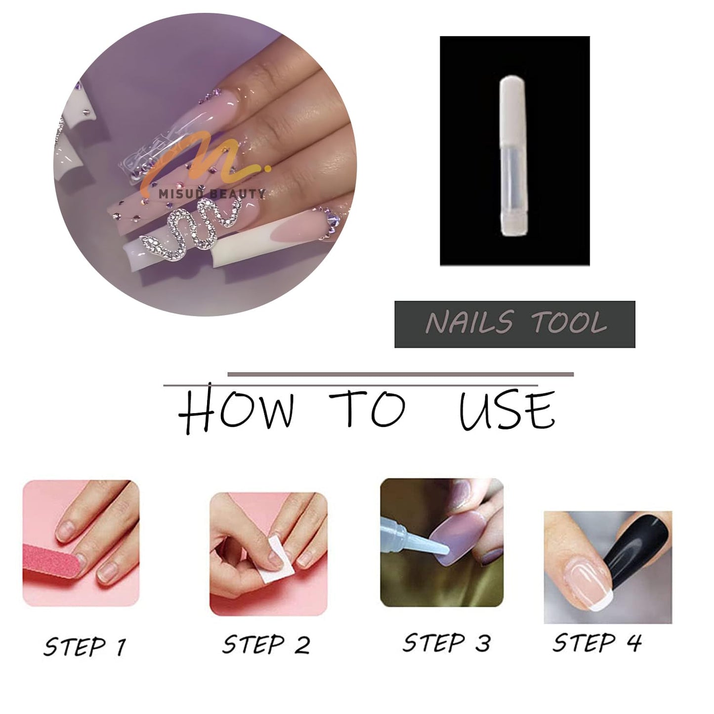 MISUD Press on Nails - Long Square Glue on Nails with French Tip, Acrylic Goth Snake Rhinestone Design 24 pcs