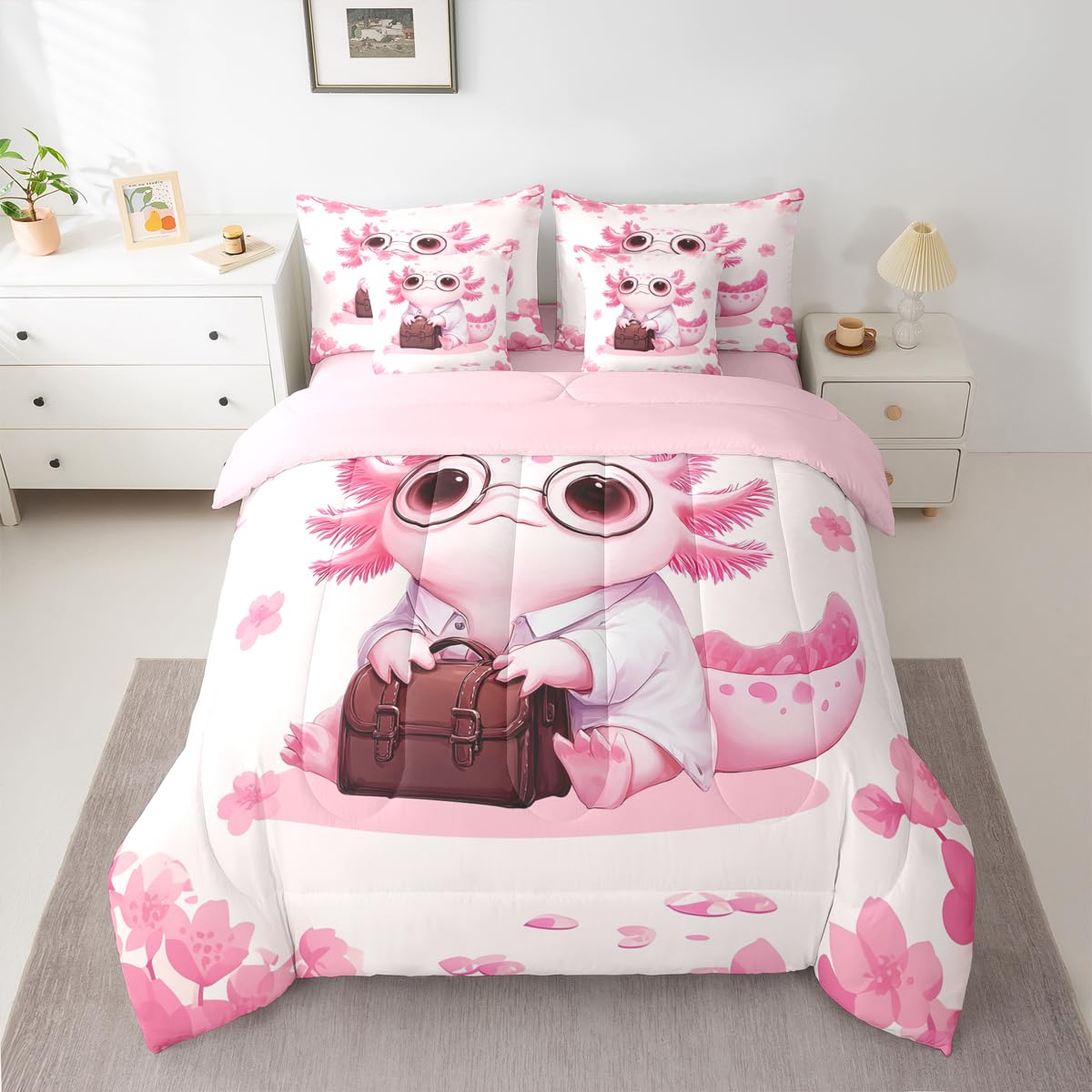 Erosebridal Pink Axolotl Comforter Set with Sheets (Queen Size,7 Pieces) | Pink Floral Cherry Blossom Quilt Cartoon Axolotl Bedding Sets Girly Cute Ocean Animal Bed in A Bag with Flat Fitted Sheets