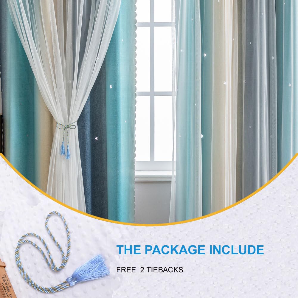 conokata Star Girl and Kids Curtains for Bedroom Rainbow Ombre Double Layer Cute Shot Nursery Darkening Grommet Princess Room Décor 2 Panels Living Room Window Curtain (Yellow-Blue, 52W x 63L)