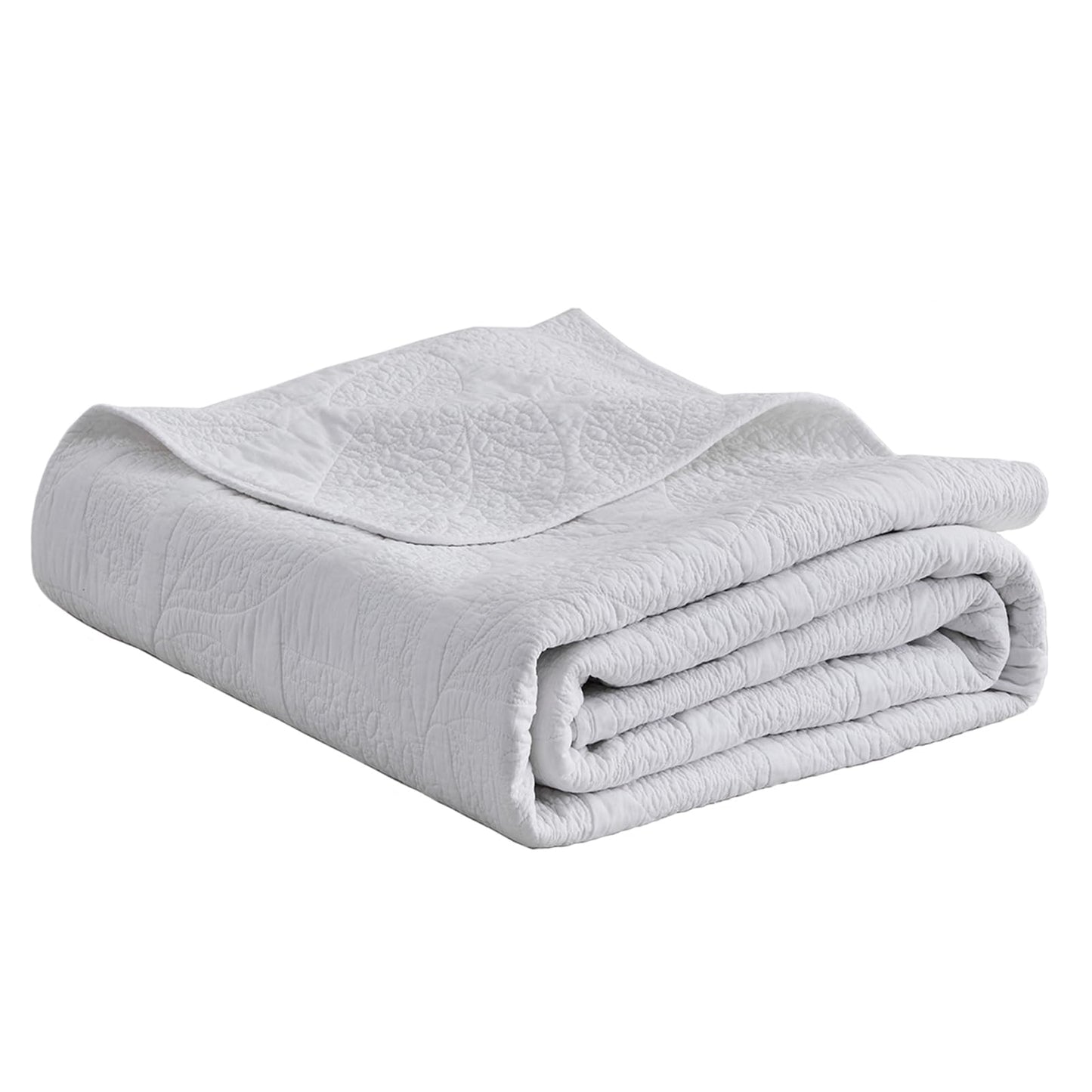 CHIXIN Botanical Cotton Quilt King Size - Real Stitching Leaf Pattern - Quilted Bedspread Coverlet Set, Ultra Soft, Lightweight, Reversible, 3 Piece, Pure White