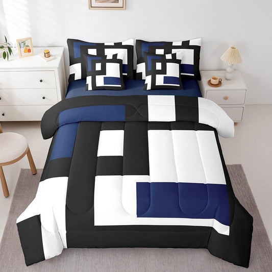 Erosebridal 7Pcs Black and White Striped Bed in A Bag King,Abstract Square Comforter Set for Kids Teens Adult,Modern Geometric Stripes Bold Lines Bedding Set,Minimalist Stylish Bed Sheets