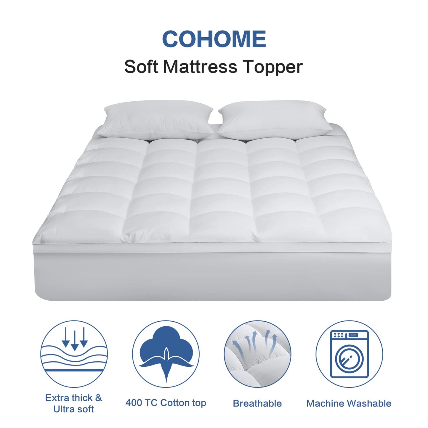 COHOME Queen Size Mattress Topper Extra Thick Cooling Mattress Pad 400TC Cotton Top Plush Down Alternative Fill Pillow Top Mattress Cover with 8-21 Inch Deep Pocket (60x80 Inches, White-Classic)
