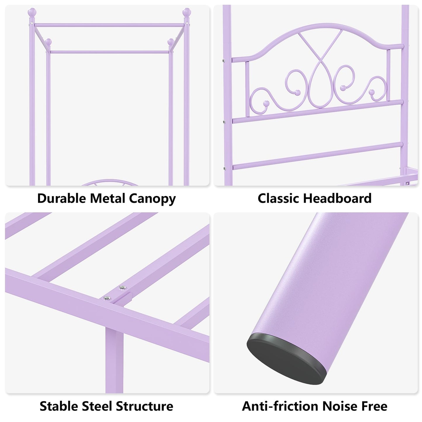 Weehom Princess Canopy Bed Frame with 4 Posters, Sturdy Metal Platform with Headboard&Footboard No Box Spring Needed Twin Size Bed for Kids Girls Adults,Purple