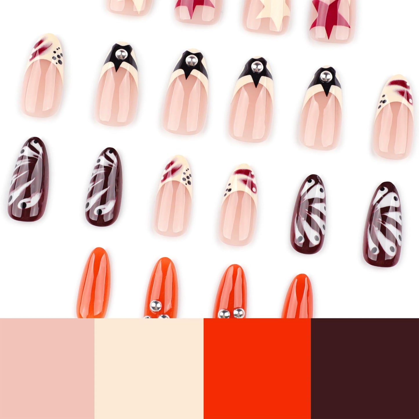 IMSOHOT Medium Almond Press on Nails- Metal Ball & Star French Tip Design, Glossy Acrylic Handmade Glue on Fake Nails, Y2K, Punk Artificial False Nails 24Pcs
