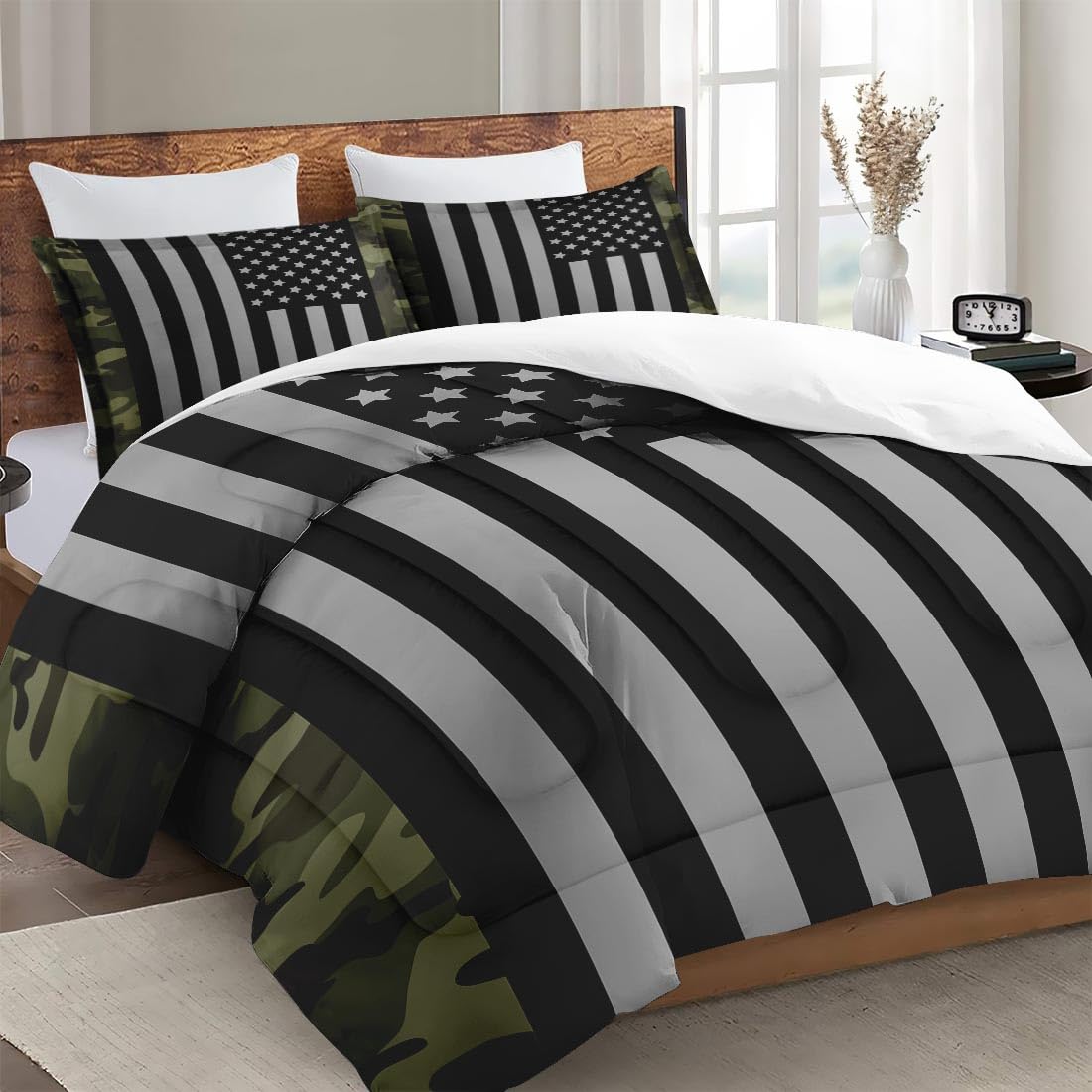 WeCozy Queen Size Comforter Set with 2 Pillowcases, Black Military Camouflage American Flag Soft 3 Pcs Bedding for Kids and Adults Bedroom Bed Decor