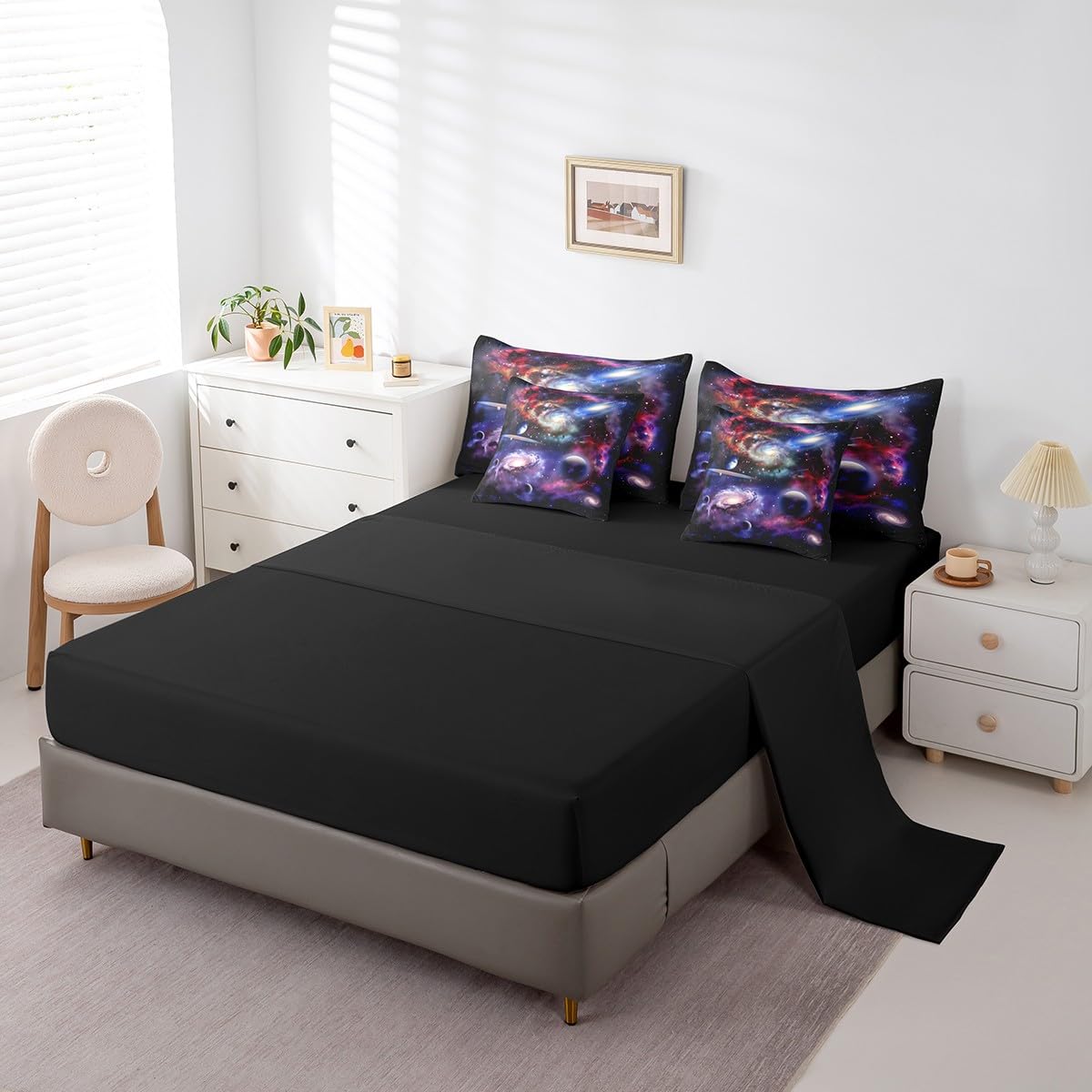 Erosebridal Purple Galaxy Bed in A Bag Starry Sky Quilt with Flat Fitted Sheet Outer Space Universe Planet Bedding Sets 3D Solar System Theme Comforter Set 7 Piece Twin,Purple