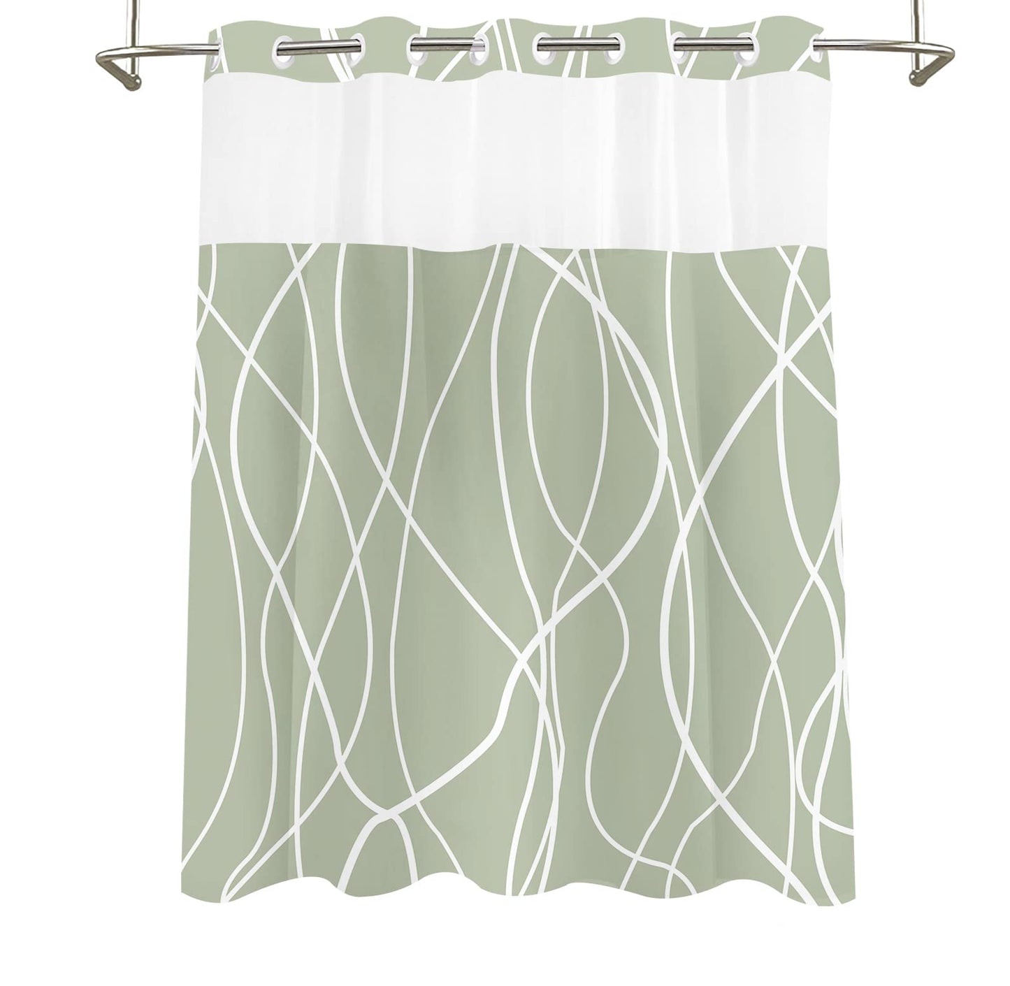 Tititex No Hooks Snap in Liner Abstract Curve Lines Sage Green White Shower Curtain, Hotel Luxury Double Layers Without Hooks Waterproof Fabric & See-Through Top Window Bathroom 71x71 Inch