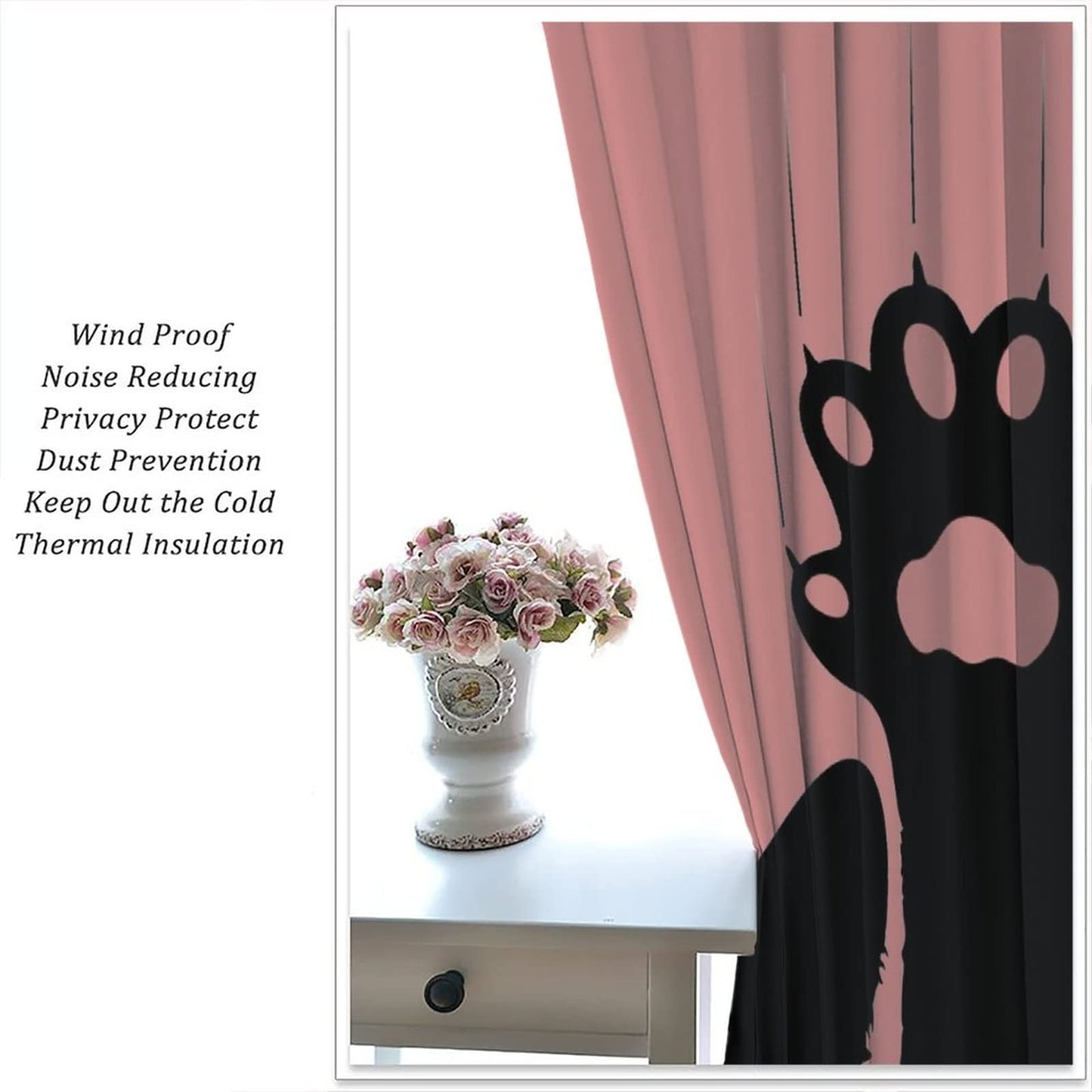 Cute Cat Blackout Curtains Lovely Cartoon Animal Cat Paw Print Black Pink Art Print for Kids Girls Bedroom Living Room Kitchen Decor Rod Pocket Window Drapes 2 Panels 42x45in
