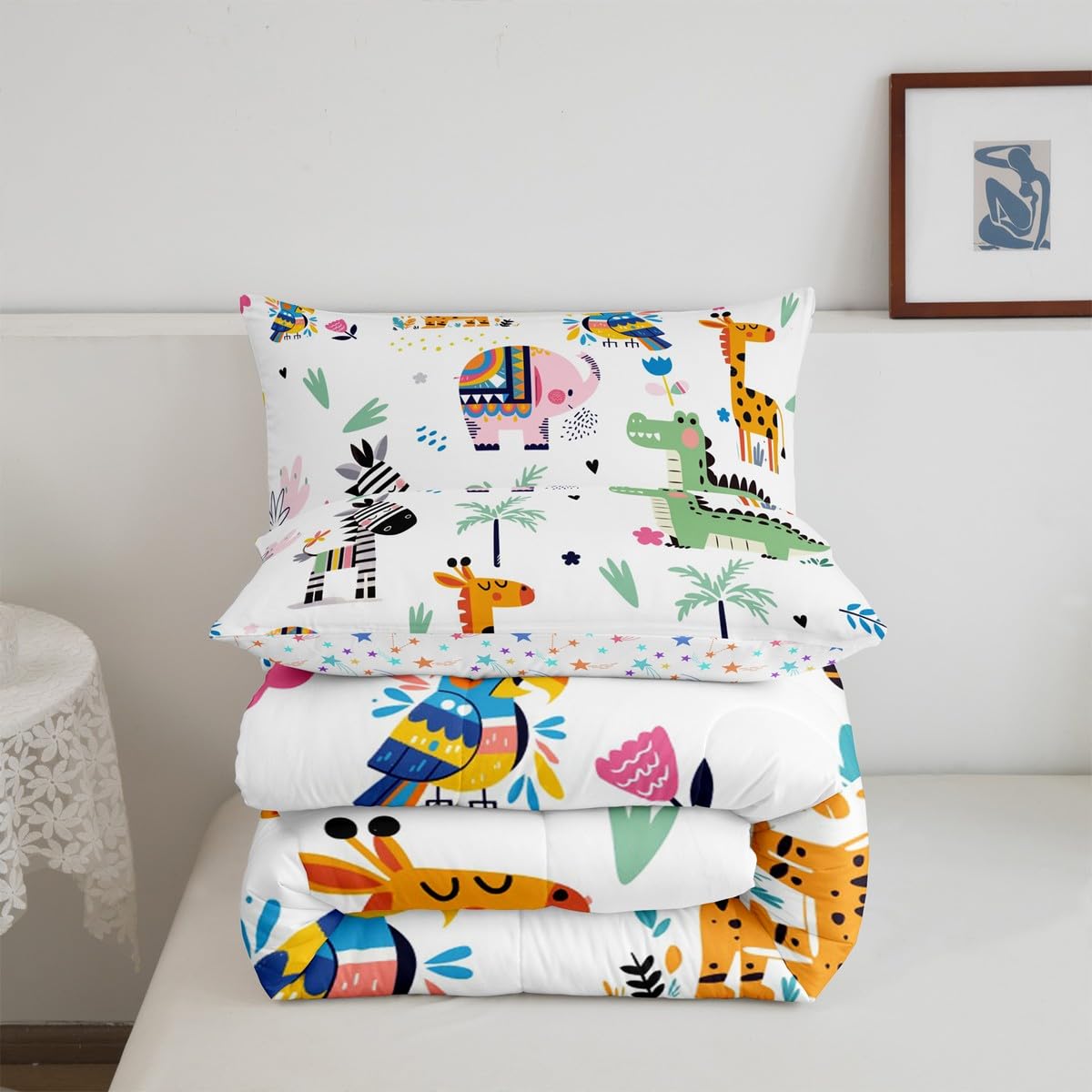 Feelyou Zoo Animals Comforter Set for Girls Boys Kids Twin Size Giraffe Elephant Dinosaur Comforter Room Decorative Wild Animals Bedding Set Cartoon Animal Duvet Set 3Pcs Quilt Set