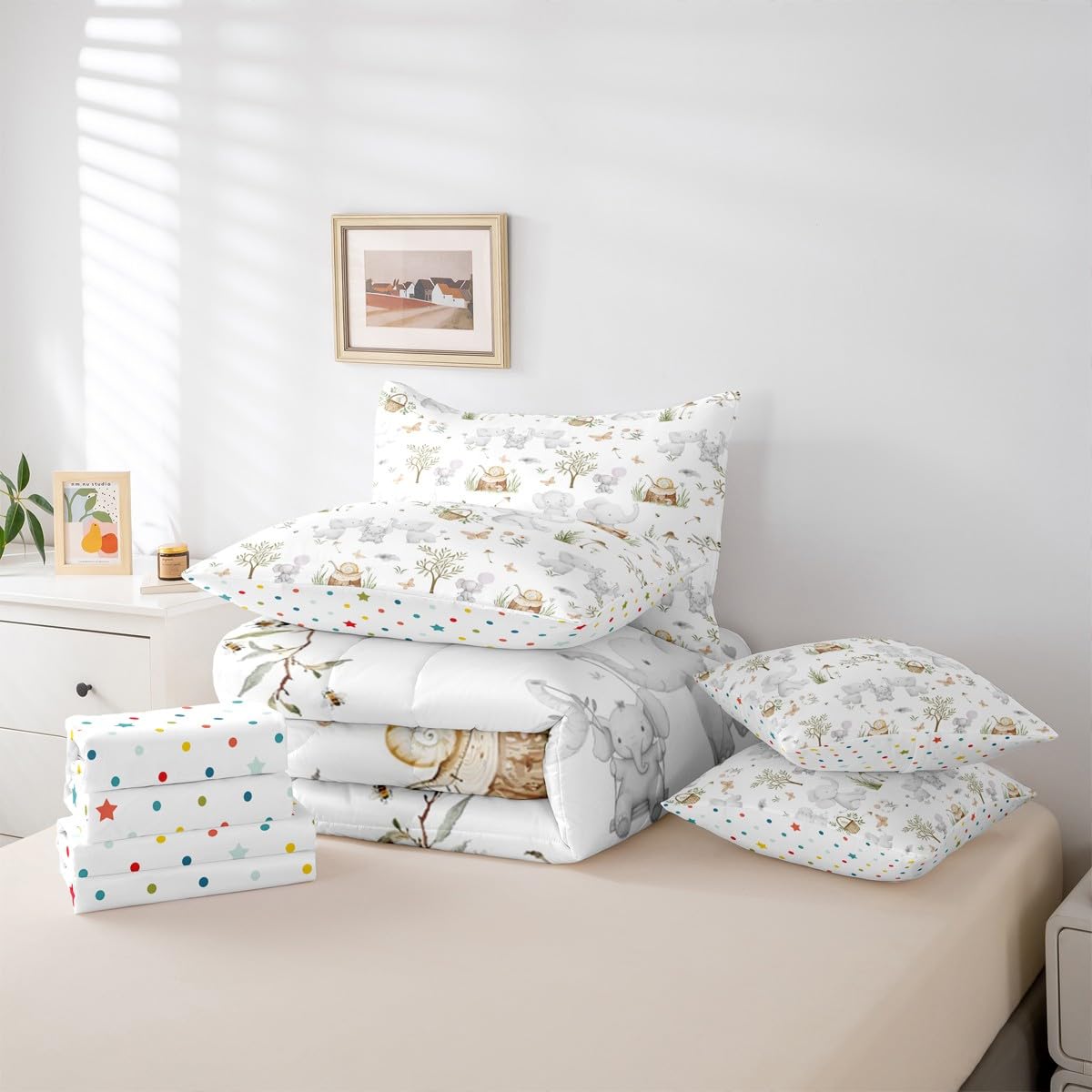 Erosebridal Kids Elephant Twin 7 Piece Comforter Set for Boys Girls Nursery Cute Cartoon Animals Bedding Set Woodland Snails Wildlife Comforter Elephant Family Stump Butterfly Trees Flat Fitted Sheet