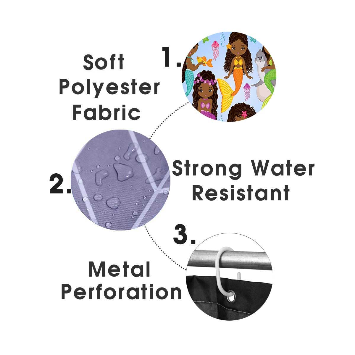 Jayden Madge 4PCS Black Mermaid Shower Curtain Set, African American Women Afro Girl Melanin Princess Underwater Jellyfish Starfish Dolphin Seal Girly Kids Bathroom Decor, Non-slip Bath Mat Toilet Rug