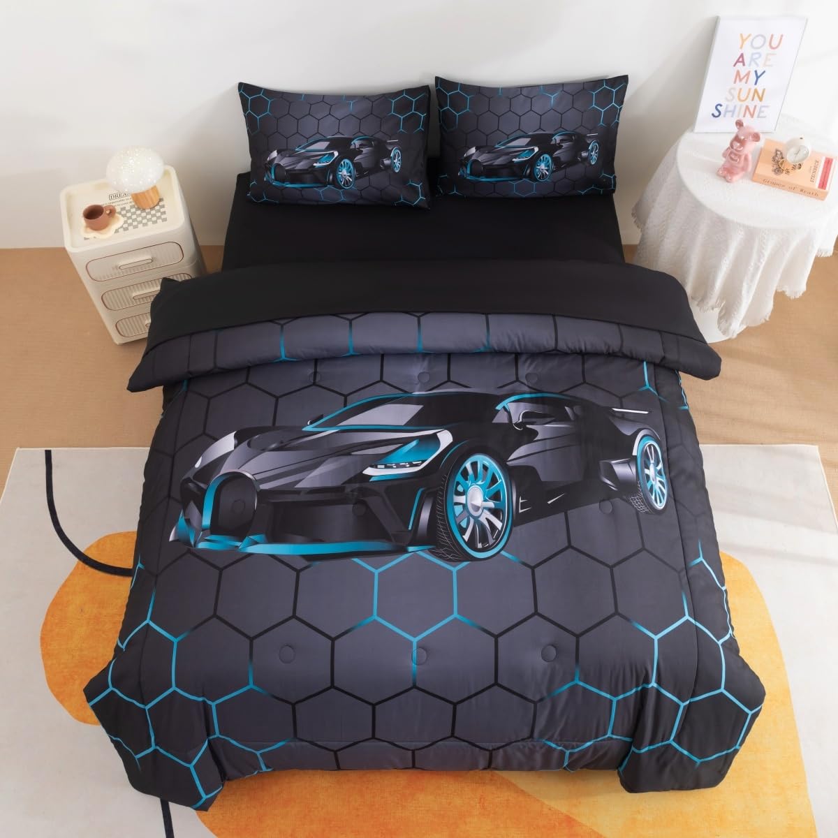 Podol 5 Pieces Race Car Comforter Set Twin Size Blue Sports Car Bedding Sets for Boy 3D Geometric Bed in a Bag with 1 Comforter, 2 Pillowcases, 1 Flat Sheet and 1 Fitted Sheet