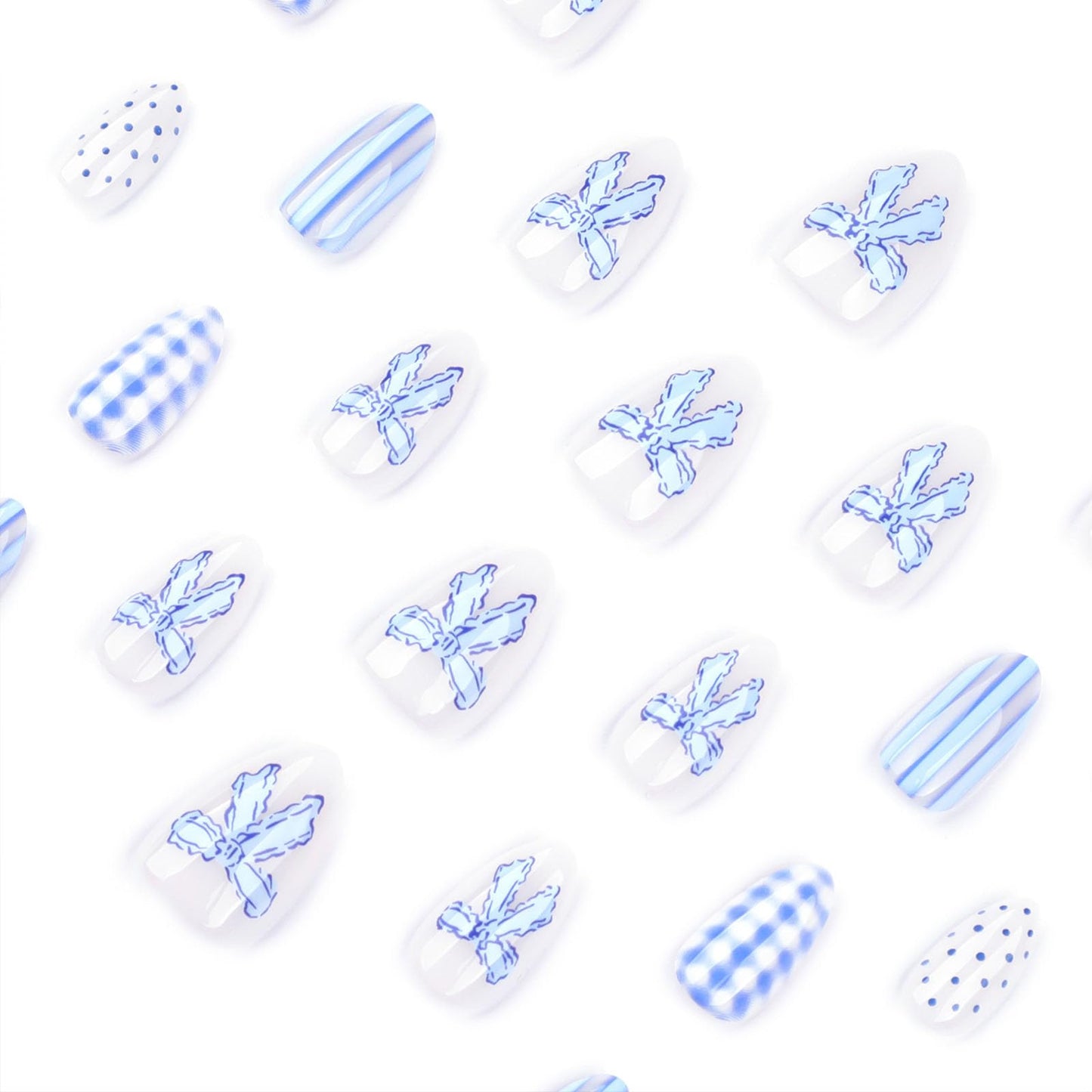 Almond Short Press on Nails Blue White Fake Nails with Polka Dot Checkered Bow Design Glossy Glue on Nail Full Cover Reusable False Nail for Women 24 Pcs