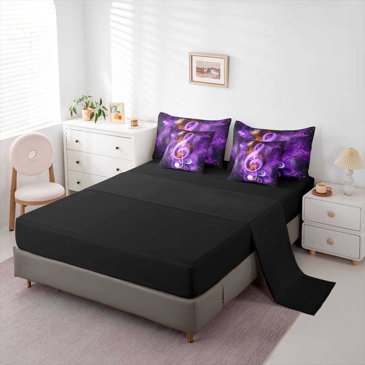 Erosebridal Musical Notes 7 Piece Comforter Set Full Bed in a Bag,Music Bedding Sets Watercolor Hippie Pop Sheet Set with Comforter