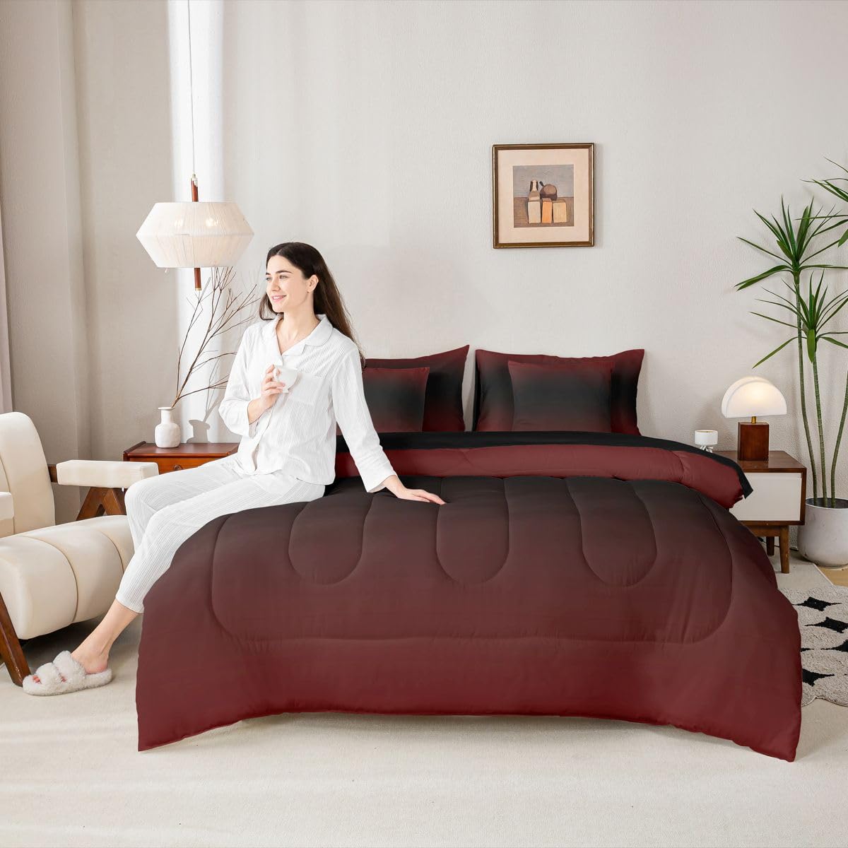 Erosebridal Red and Black 7 Piece Comforter Set Twin Bed in A Bag Ombre Bedding Set for Girls Women Abstract Gradient Sheet Set with Comforter Contemporary Art Duvet Insert