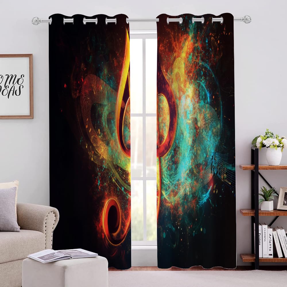 Bright Music Notes Blackout Curtains 2 Panels, Multi Colored Background 3D Printed Drapes, Energy Saving Noise Reducing Window Curtain for Living Room and Bedroom Kitchen(63" W x 63 "L)