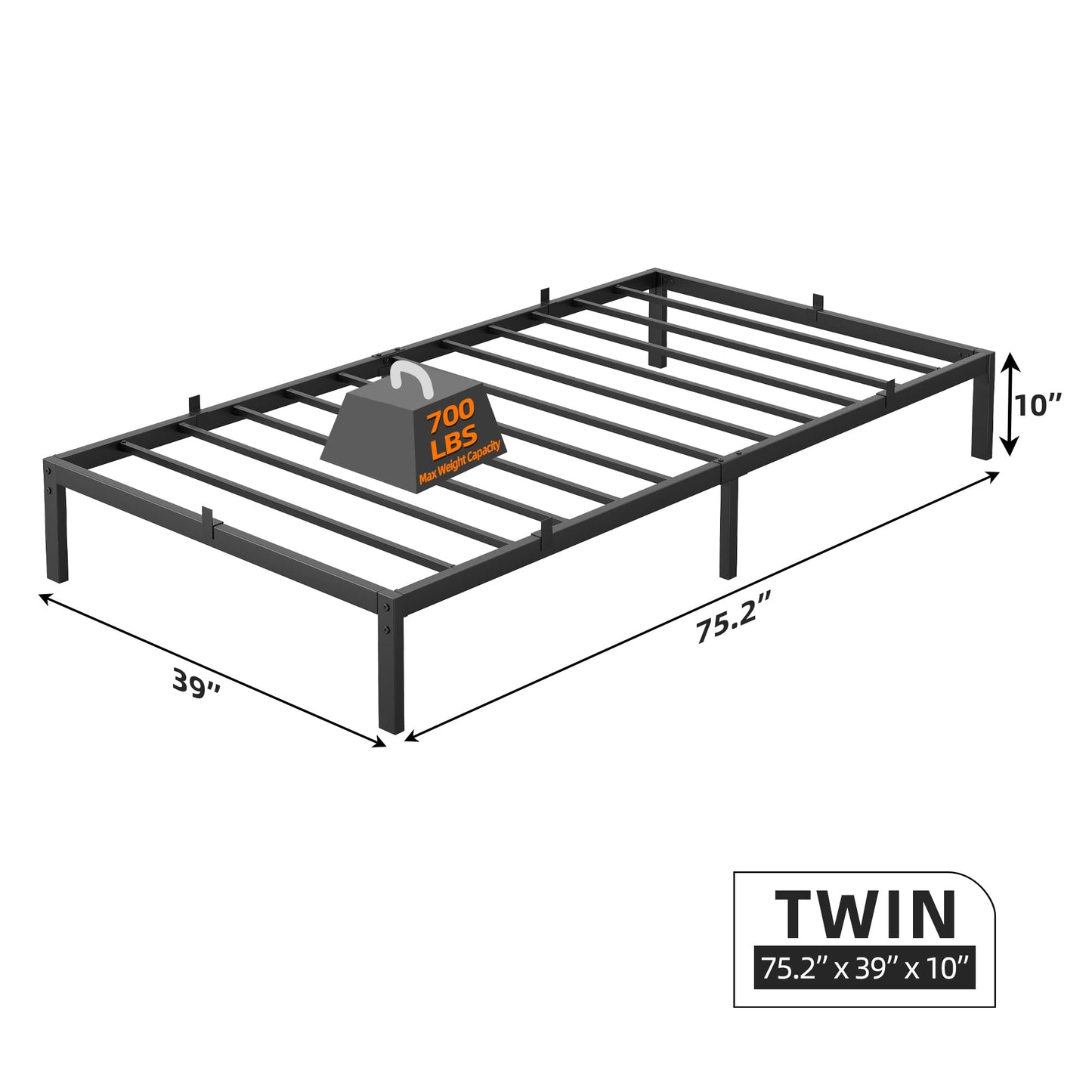 IDEALHOUSE 10 Inch Twin Bed Frames with Under Bed Storage, Heavy Duty Mattress Foundation, Easy Assembly, No Box Spring Needed, 75.2" Dx39 Wx10 H Platform Bed for Bedroom, Apartment, Black, Metal